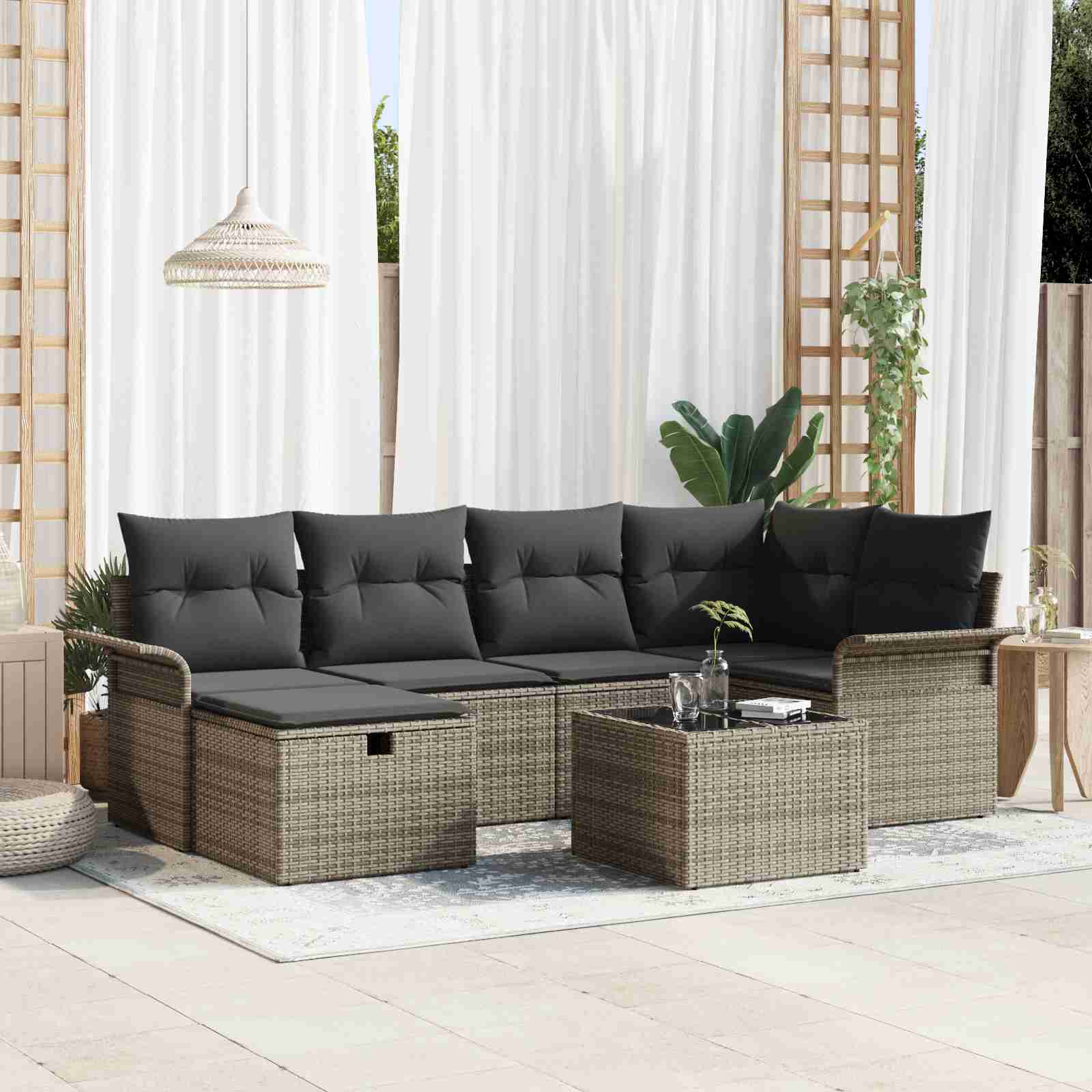 7-teiliges Garten-Sofa-Set mit Kissen Grau Poly-Rattan 7-teiliges Garten-Sofa-Set mit Kissen Grau Poly-Rattan