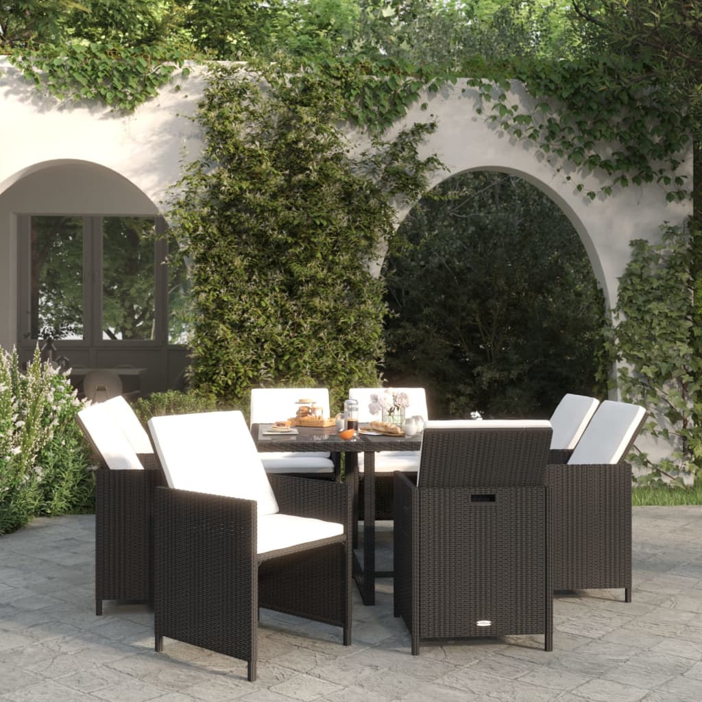 9-tlg. Garten-Essgruppe mit Auflagen Poly Rattan Schwarz 9-tlg. Garten-Essgruppe mit Auflagen Poly Rattan Schwarz
