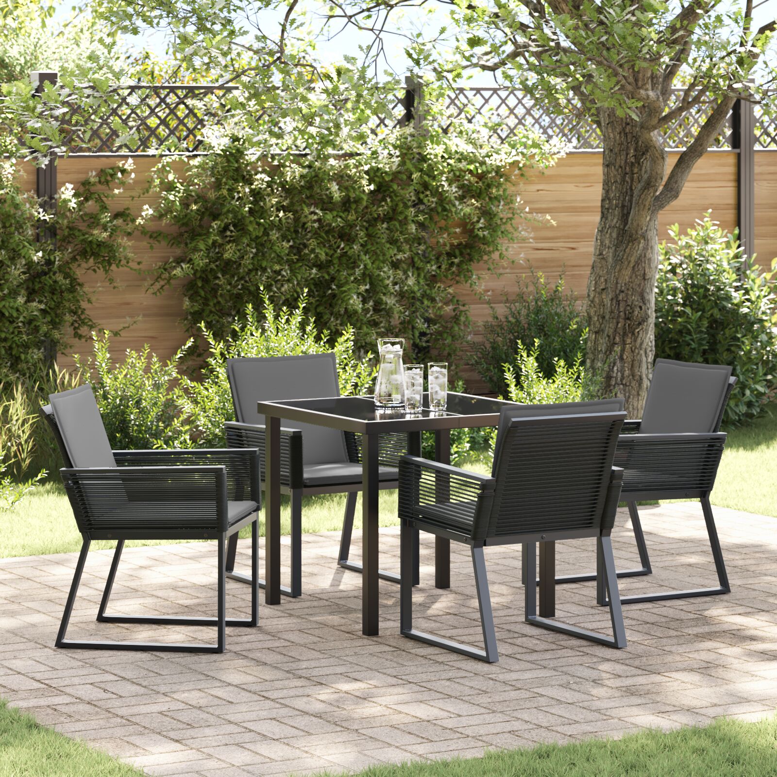 5-teiliges Garten-Ess-Set mit Kissen Schwarz Poly-Rattan 5-teiliges Garten-Ess-Set mit Kissen Schwarz Poly-Rattan