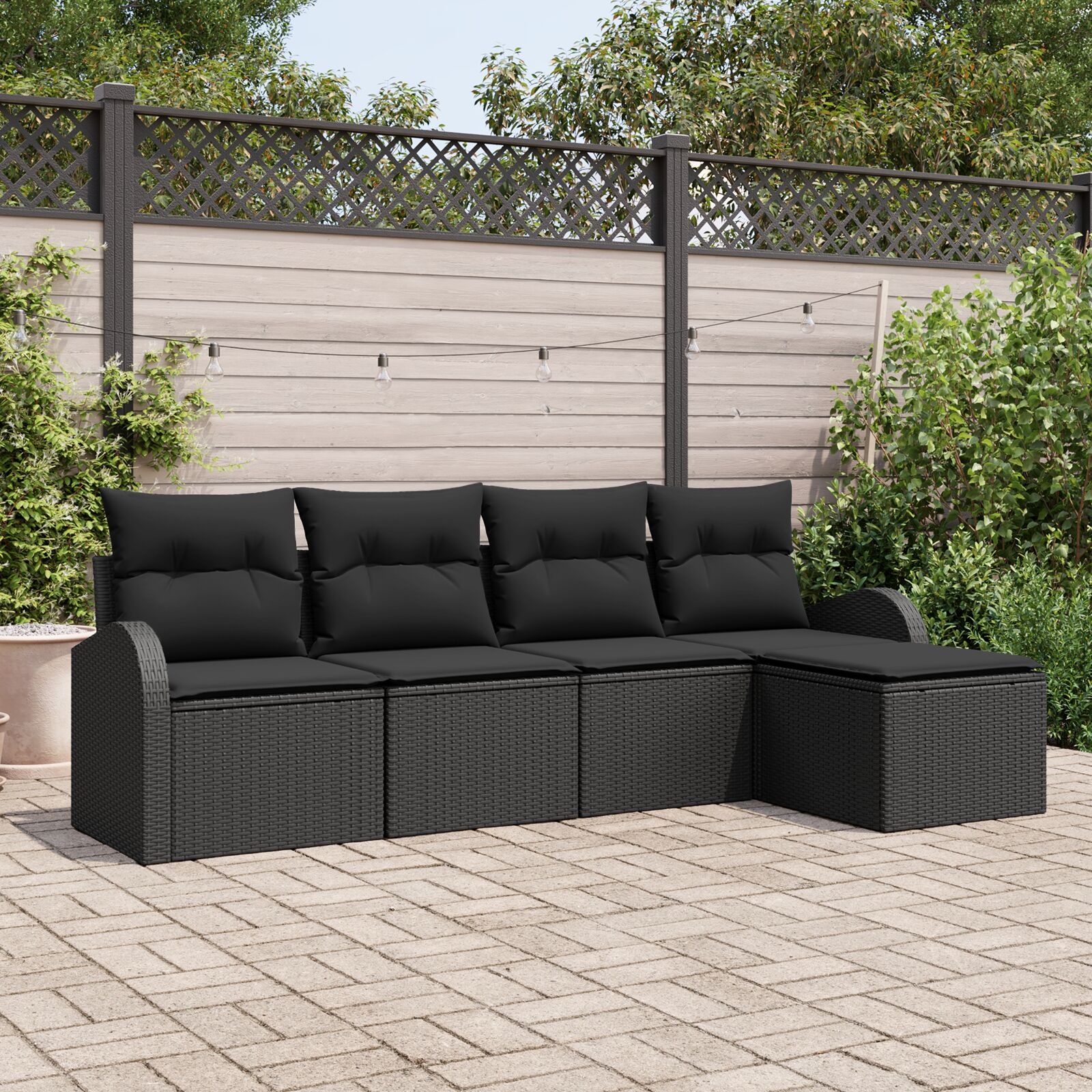 5-teiliges Garten Sofa Set mit Kissen Schwarz Poly Rattan 5-teiliges Garten Sofa Set mit Kissen Schwarz Poly Rattan