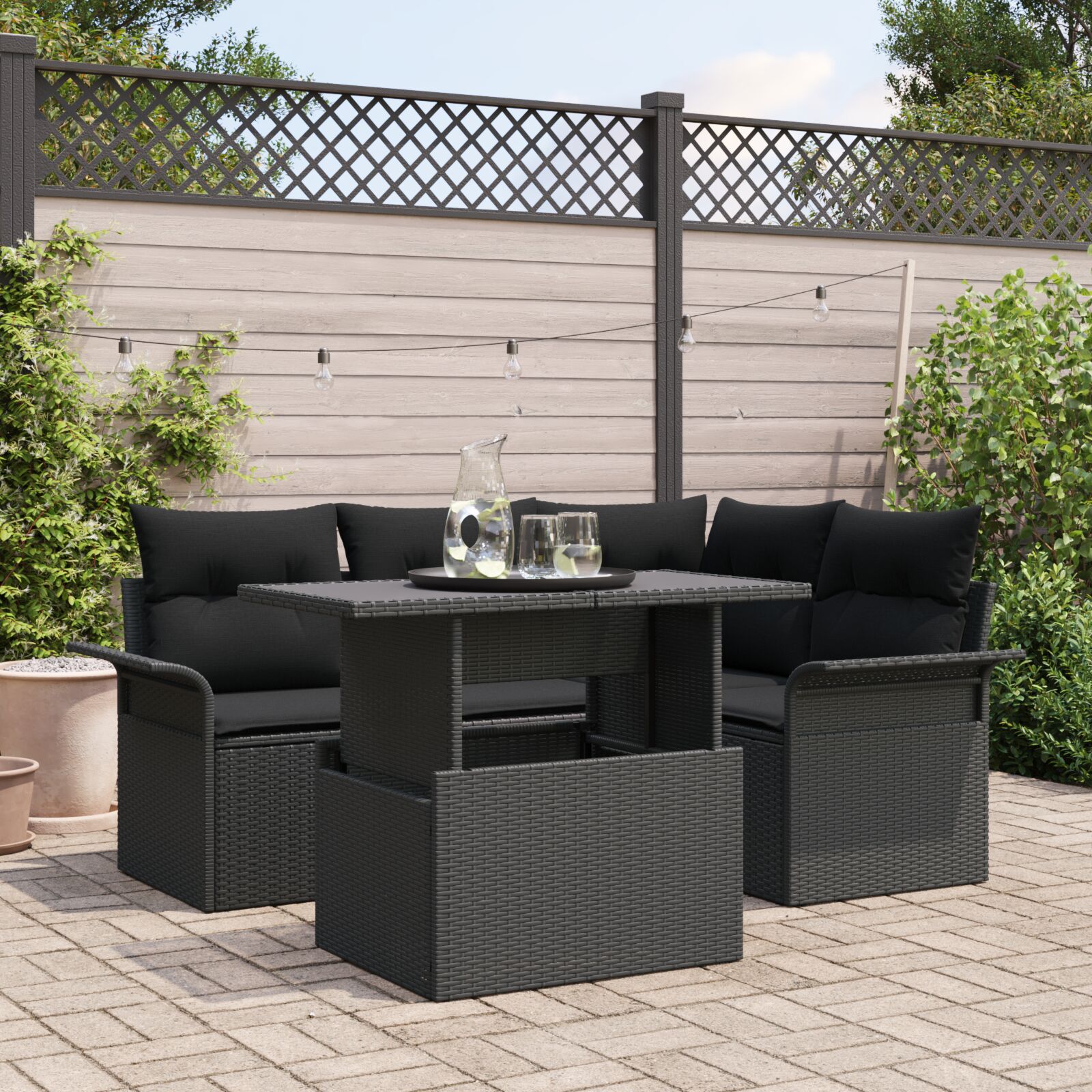 5-teiliges Garten Sofa Set mit Kissen Schwarz Poly Rattan