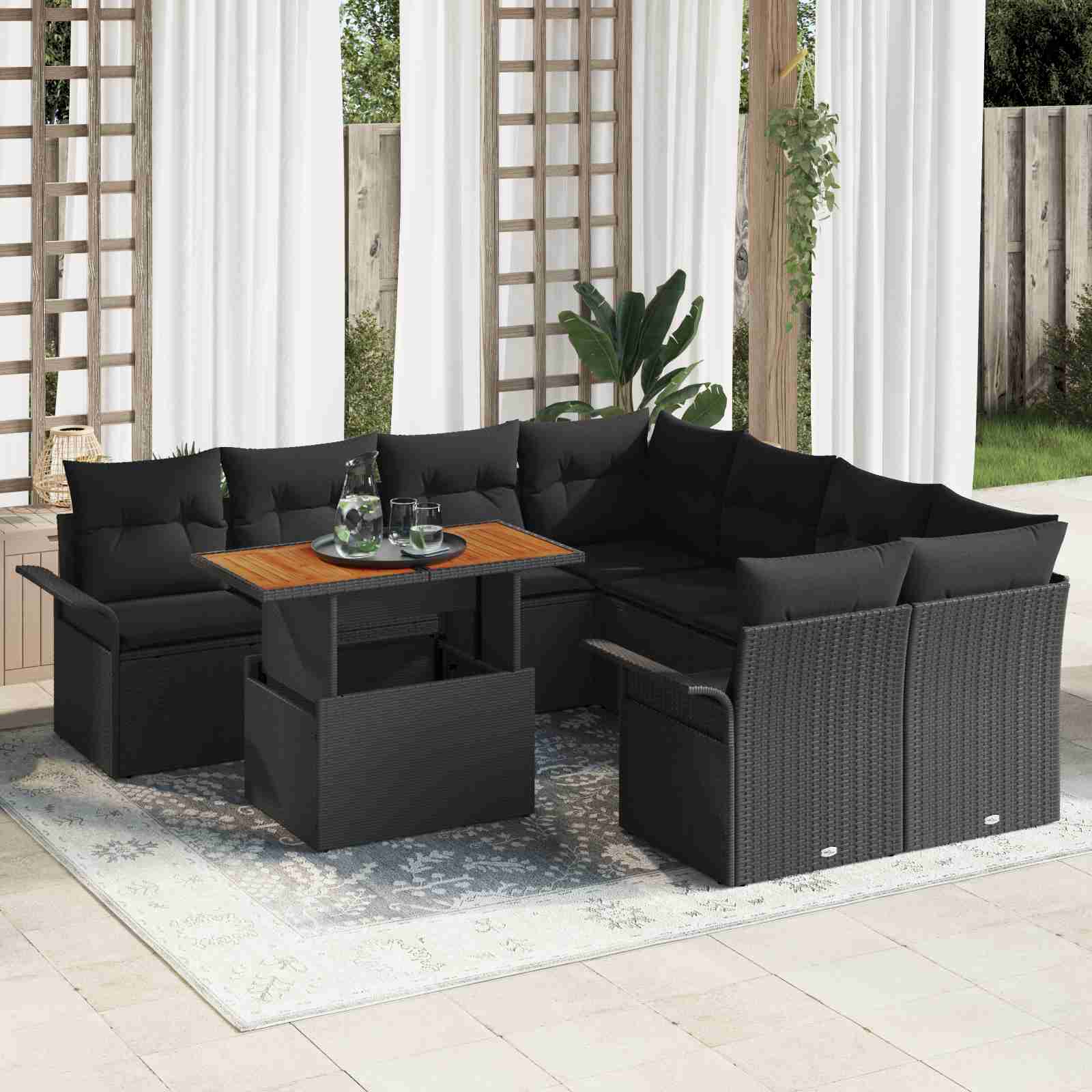 9-teiliges Gartensofa Set mit Kissen Schwarz Poly Rattan 9-teiliges Gartensofa Set mit Kissen Schwarz Poly Rattan
