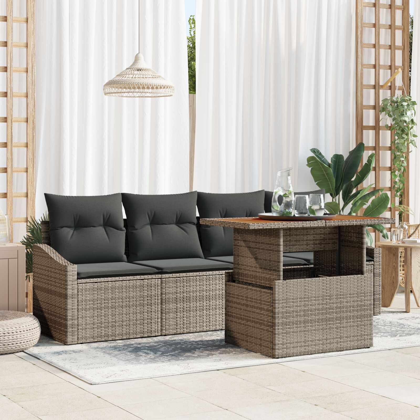 5-teiliges Gartensofa-Set mit Kissen Grau Poly Rattan
