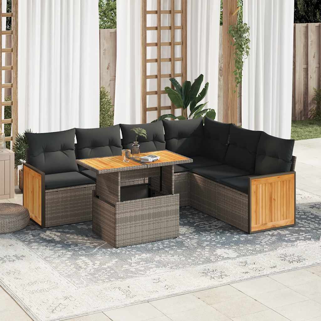 7-tlg. Garten-Sofagarnitur mit Kissen Grau Poly Rattan Akazie 7-tlg. Garten-Sofagarnitur mit Kissen Grau Poly Rattan Akazie