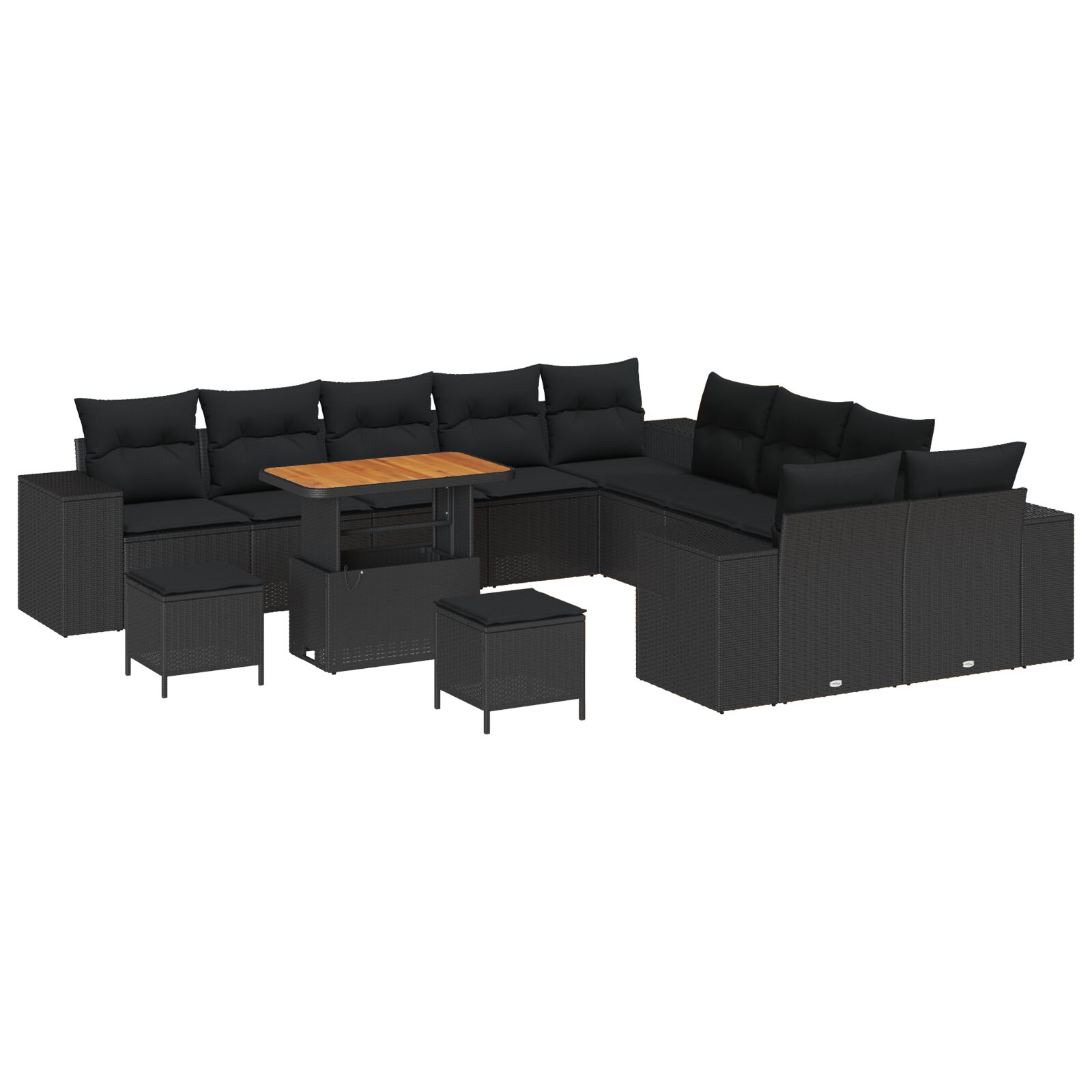 13-teiliges Garten-Sofa-Set mit Kissen Schwarz Poly-Rattan Akazie, 3-teiliges Garten-Ess-Set mit Kissen Schwarz Poly-Rattan Akazie
