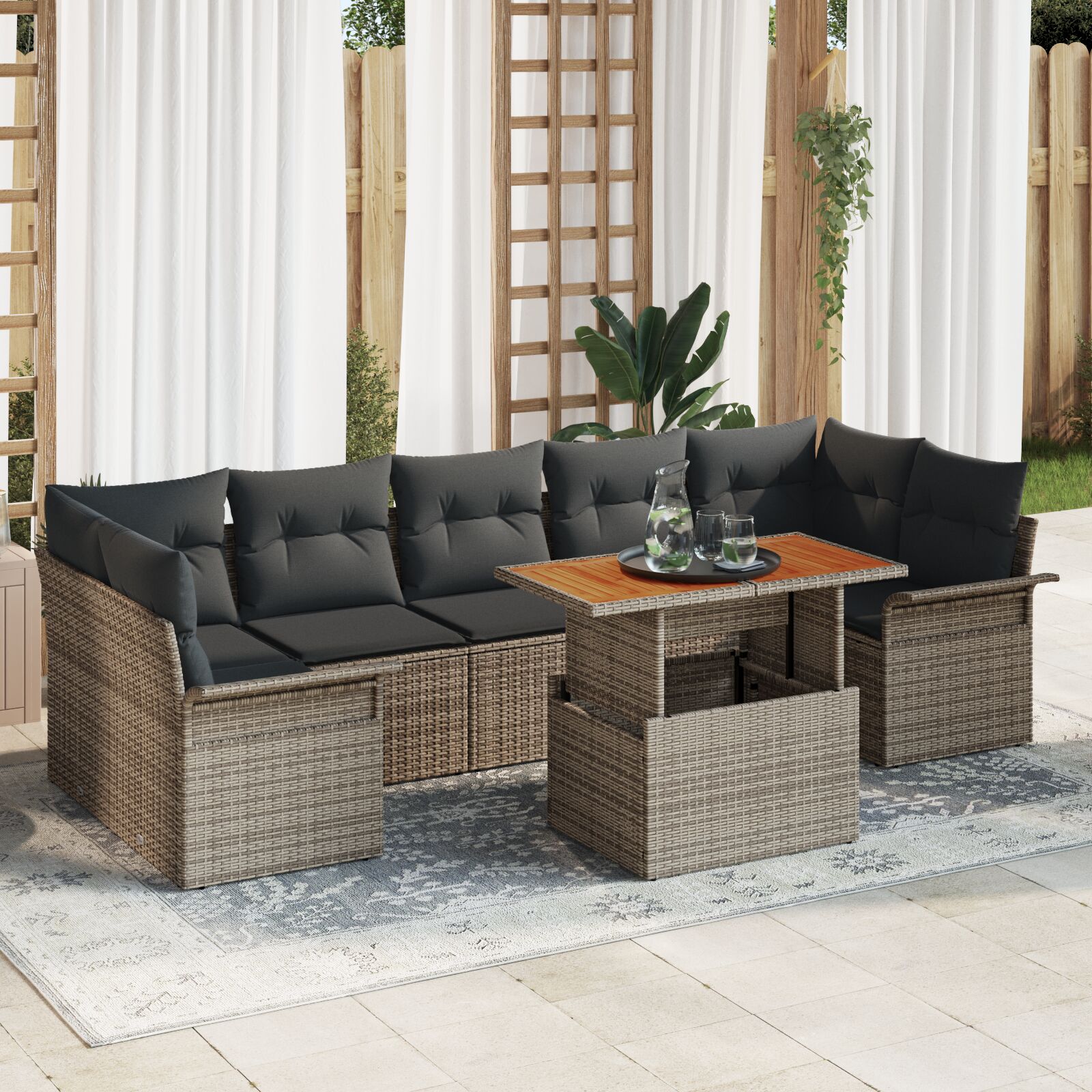 8-teiliges Garten Sofa Set mit Kissen Grau Poly Rattan Akazie
