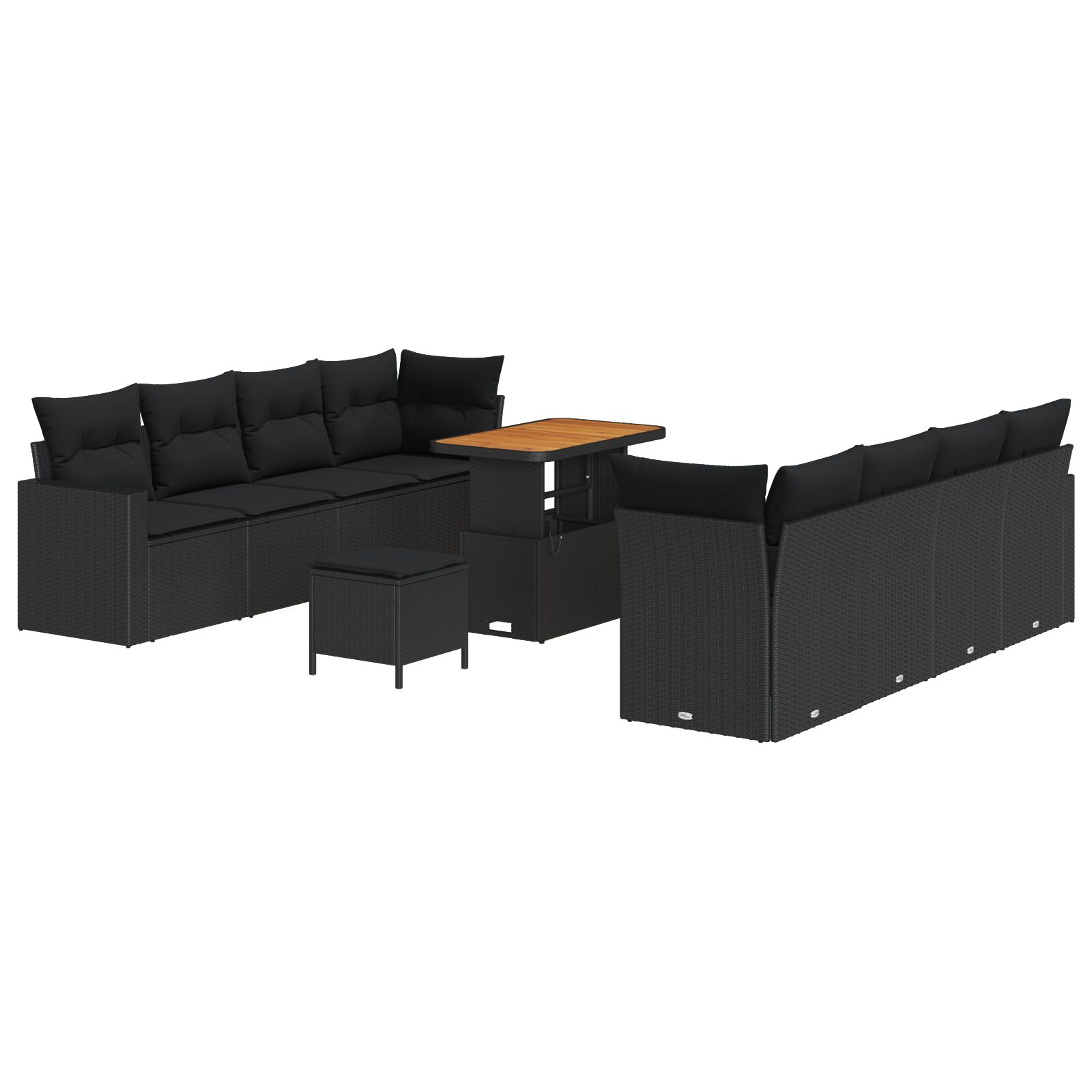 11-teiliges Garten Sofa Set mit Kissen Schwarz Poly Rattan Akazie, 3-teiliges Garten Esstisch Set mit Kissen Schwarz Poly Rattan Akazie