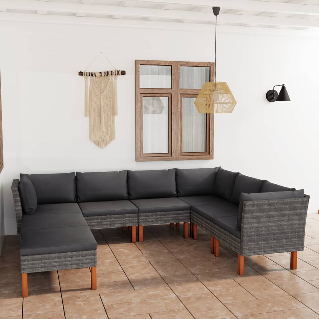 8-tlg. Garten-Lounge-Set mit Kissen Poly Rattan Grau