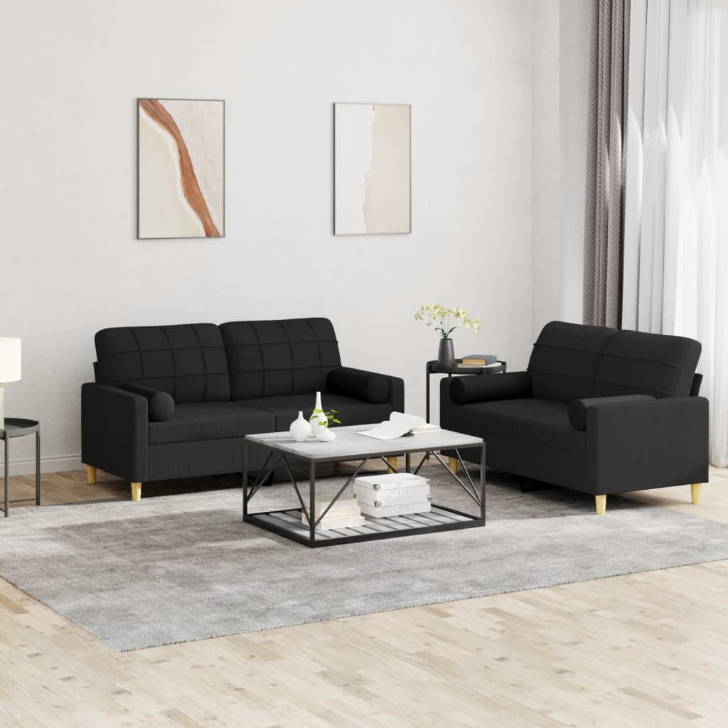 2-tlg. Sofagarnitur mit Kissen Schwarz Stoff 2-tlg. Sofagarnitur mit Kissen Schwarz Stoff