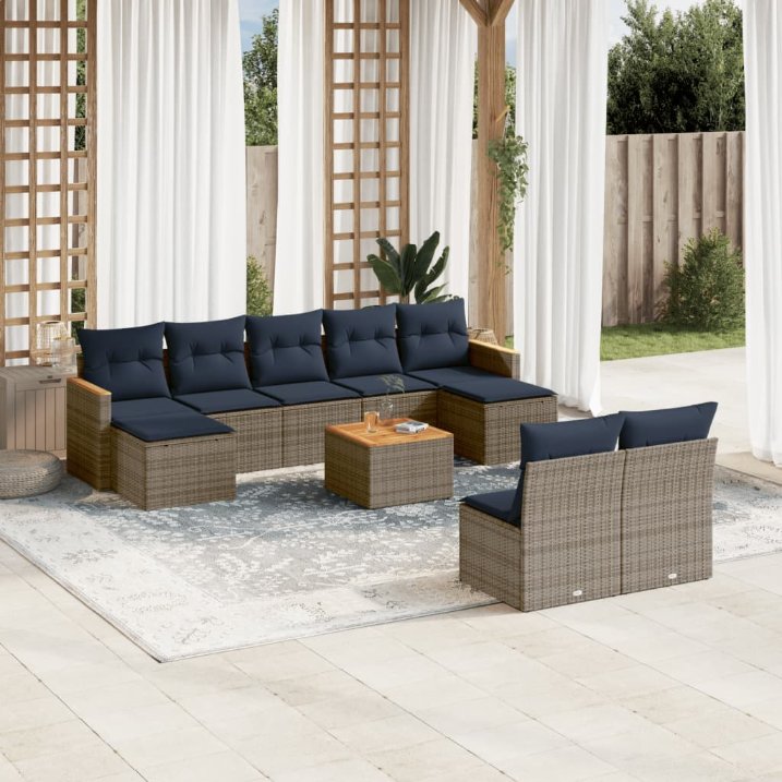 10-teiliges Gartensofa-Set mit Kissen, grau, Polyrattan 10-teiliges Gartensofa-Set mit Kissen, grau, Polyrattan