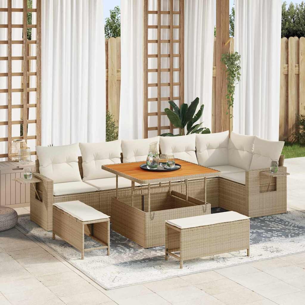 9-teiliges Garten-Sofa-Set mit Kissen, Beige, Poly-Rattan, Akazie