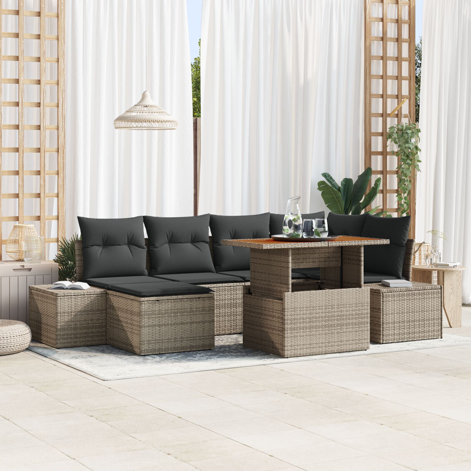 7-teiliges Garten Esszimmer Set mit Kissen Grau Poly Rattan Akazie