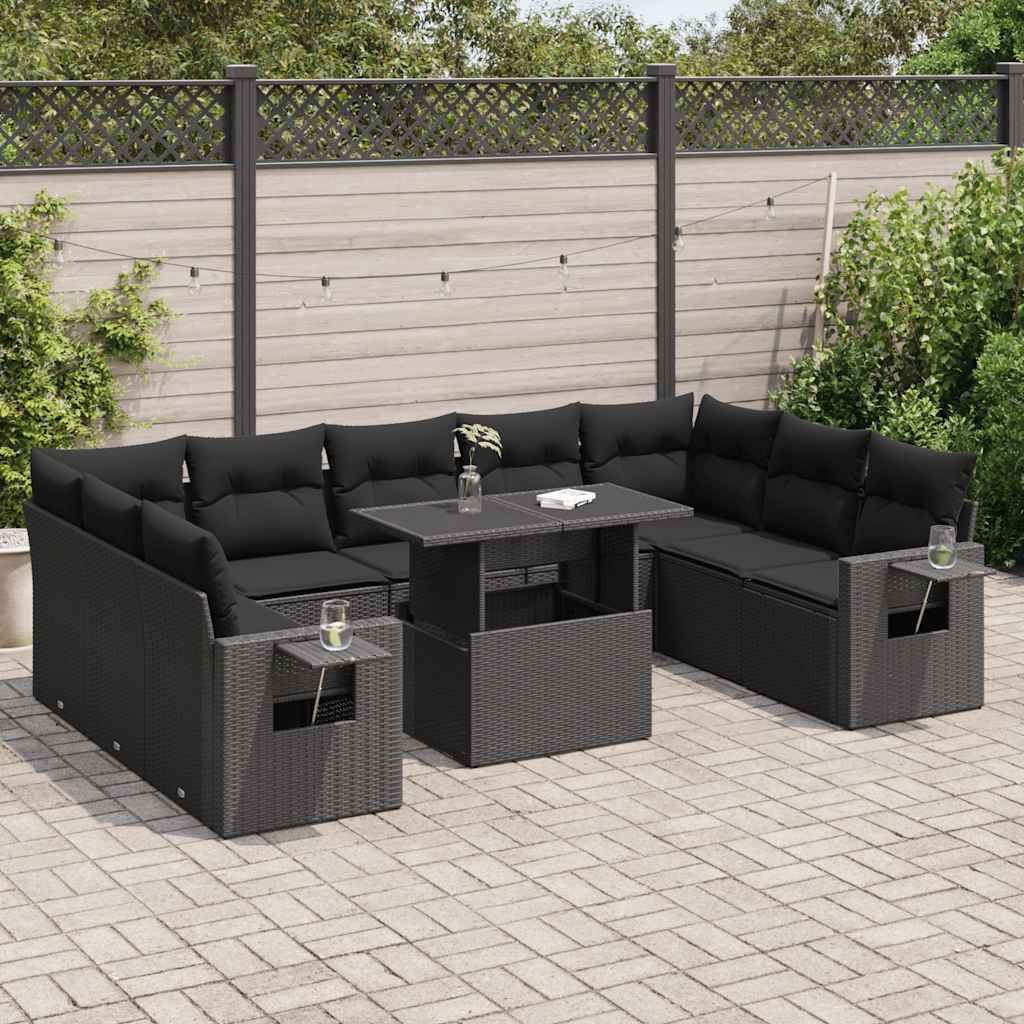 10-tlg. Garten-Sofagarnitur mit Kissen Schwarz Poly Rattan 10-tlg. Garten-Sofagarnitur mit Kissen Schwarz Poly Rattan