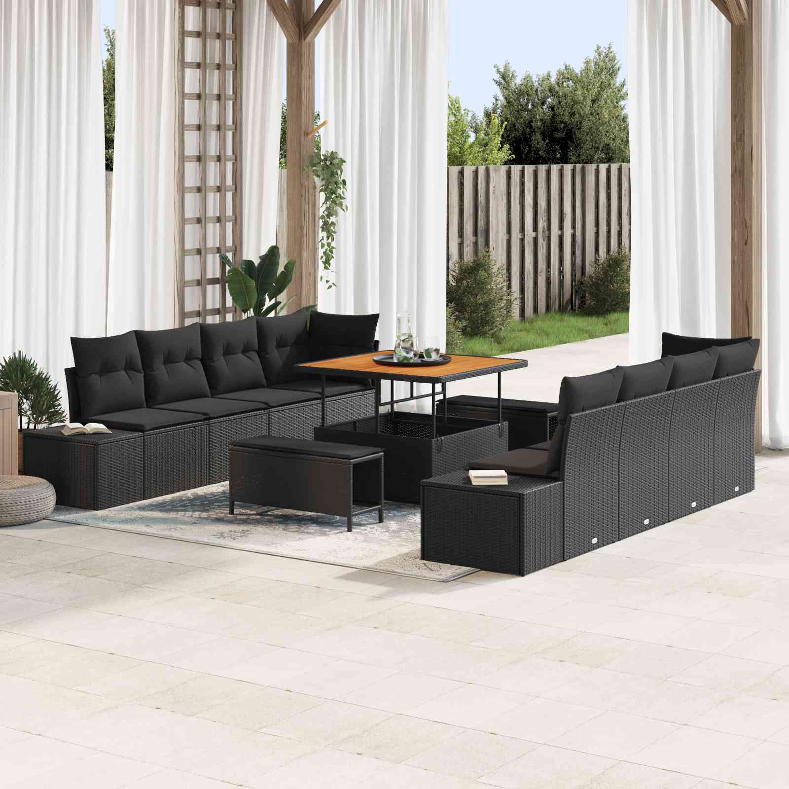 11-teiliges Garten Sofa Set mit Kissen Schwarz Poly Rattan Akazie