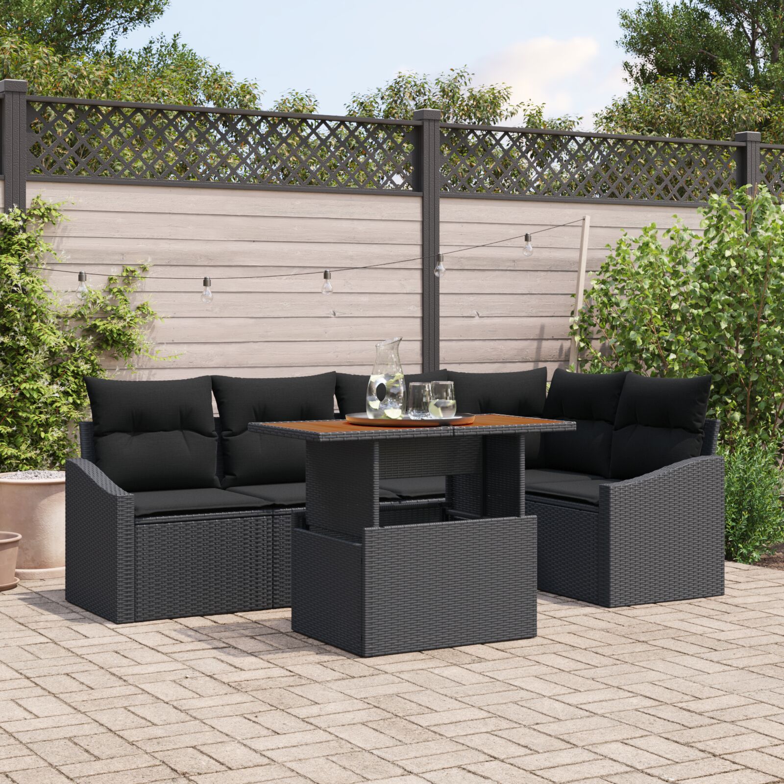 6-teiliges Garten-Sofa-Set mit Kissen Schwarz Poly-Rattan 6-teiliges Garten-Sofa-Set mit Kissen Schwarz Poly-Rattan