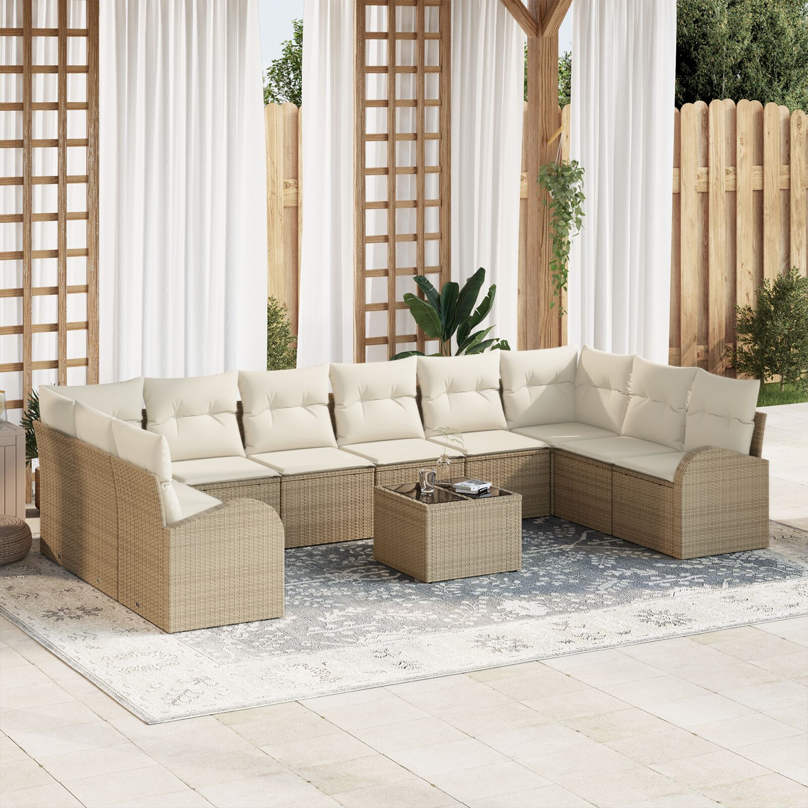 11 teiliges Garten Sofa Set mit Kissen Braun Rattan