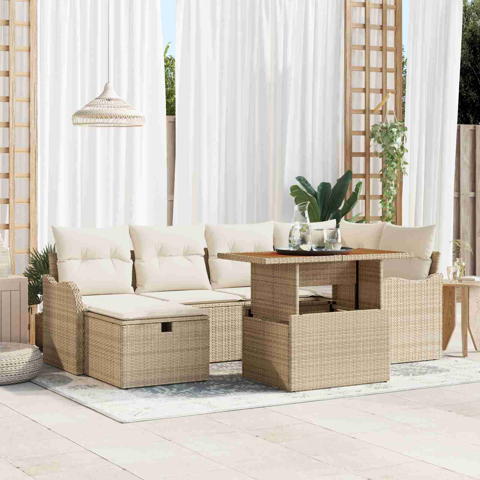 7-teiliges Garten Sofa Set mit Kissen Beige Poly Rattan 7-teiliges Garten Sofa Set mit Kissen Beige Poly Rattan