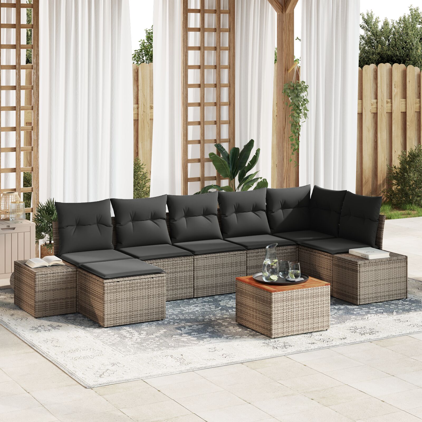 8-teiliges Garten Sofa Set mit Kissen Grau Poly Rattan Akazie