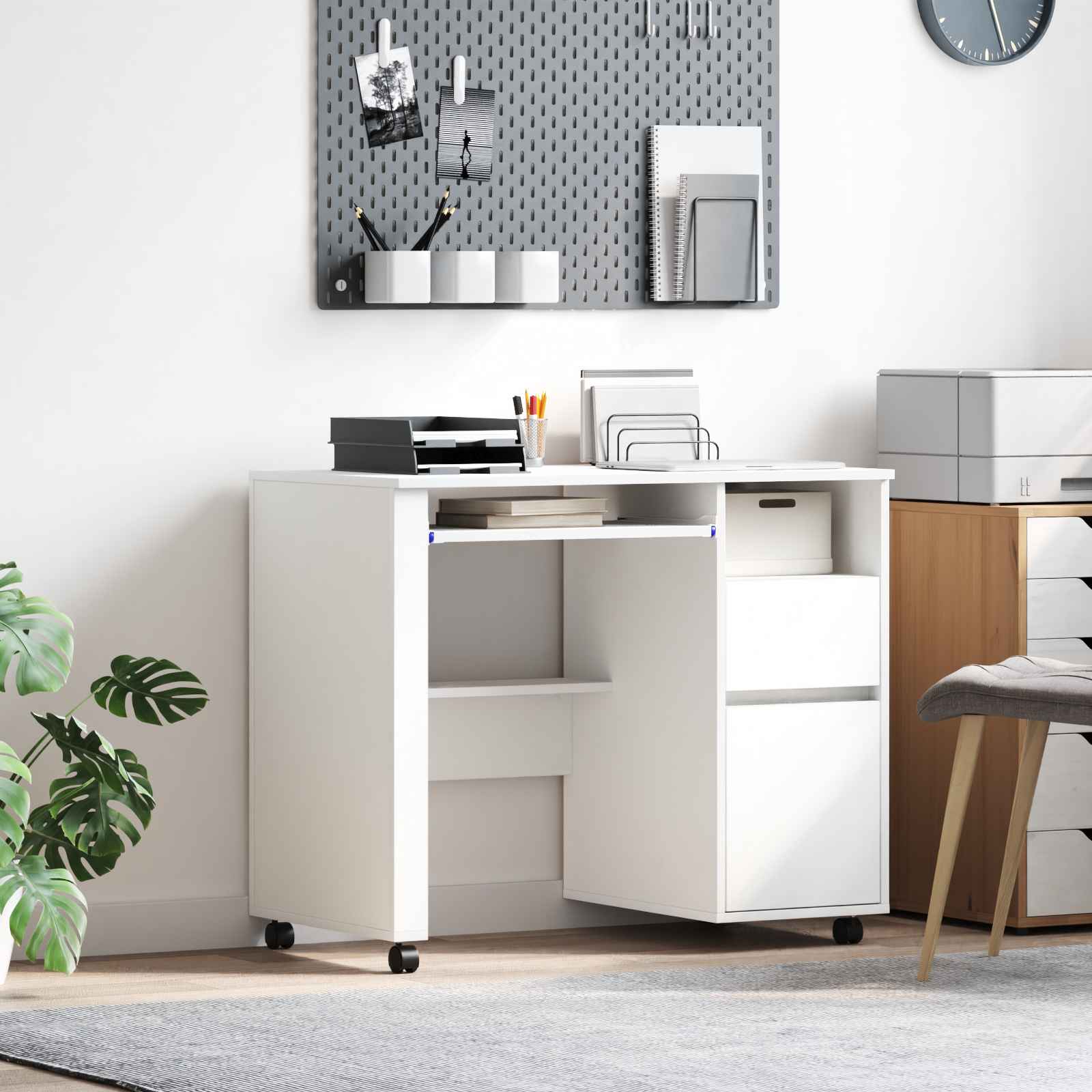 Weißer Computertisch mit Schubladen Weiß MDF, Spanplatte Standard
