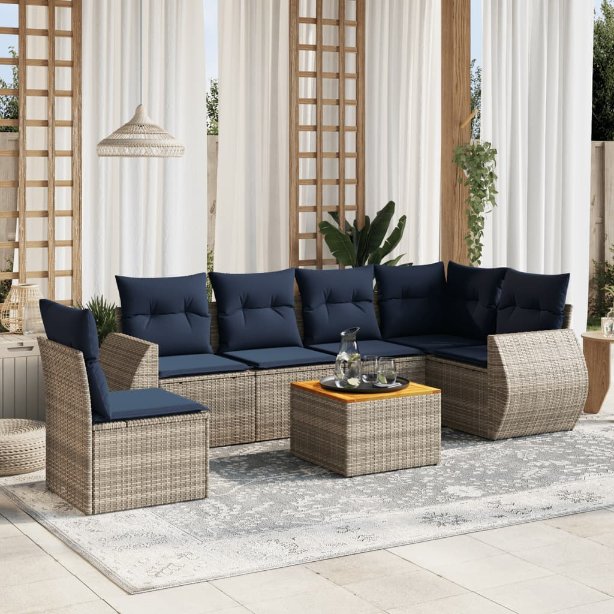 7-teiliges Gartensofa-Set mit Kissen, grau, Polyrattan 7-teiliges Gartensofa-Set mit Kissen, grau, Polyrattan