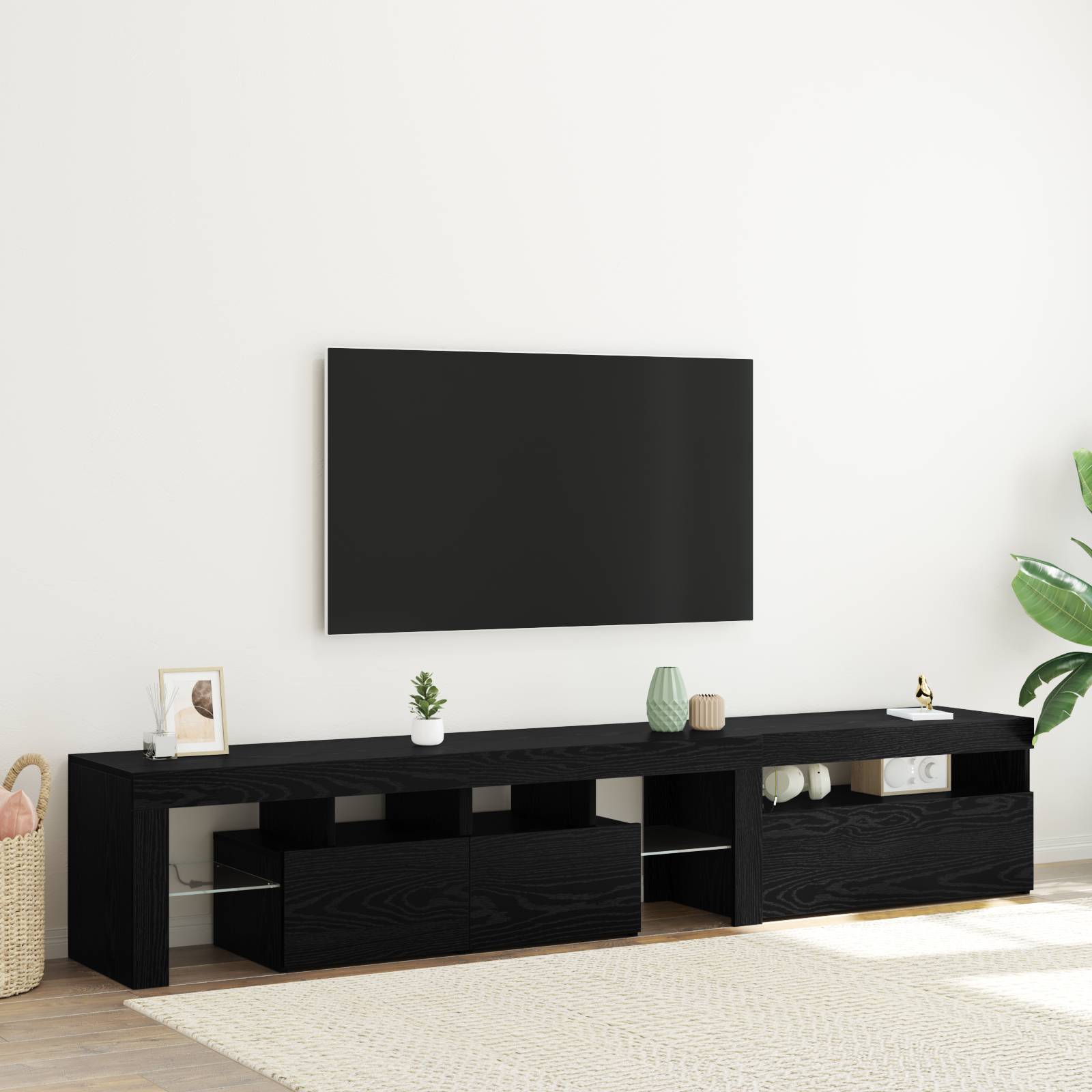 TV-Schränke 2 Stück mit LED-Leuchten in schwarzer Eiche aus Holzwerkstoff