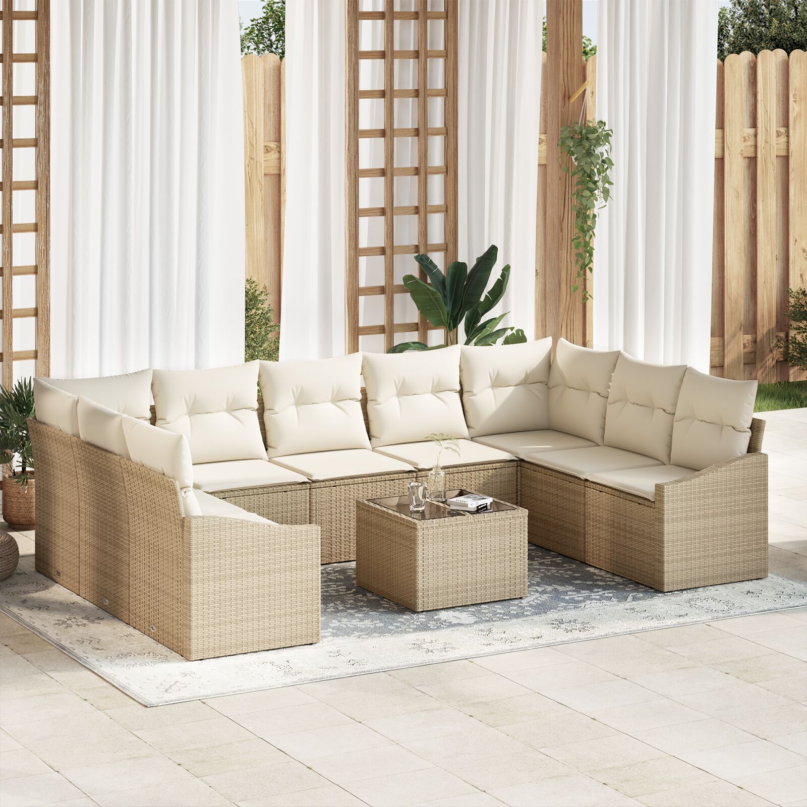vidaXL Garten Sofa Set Set von 10 Creme Rattan Garten Essgruppe