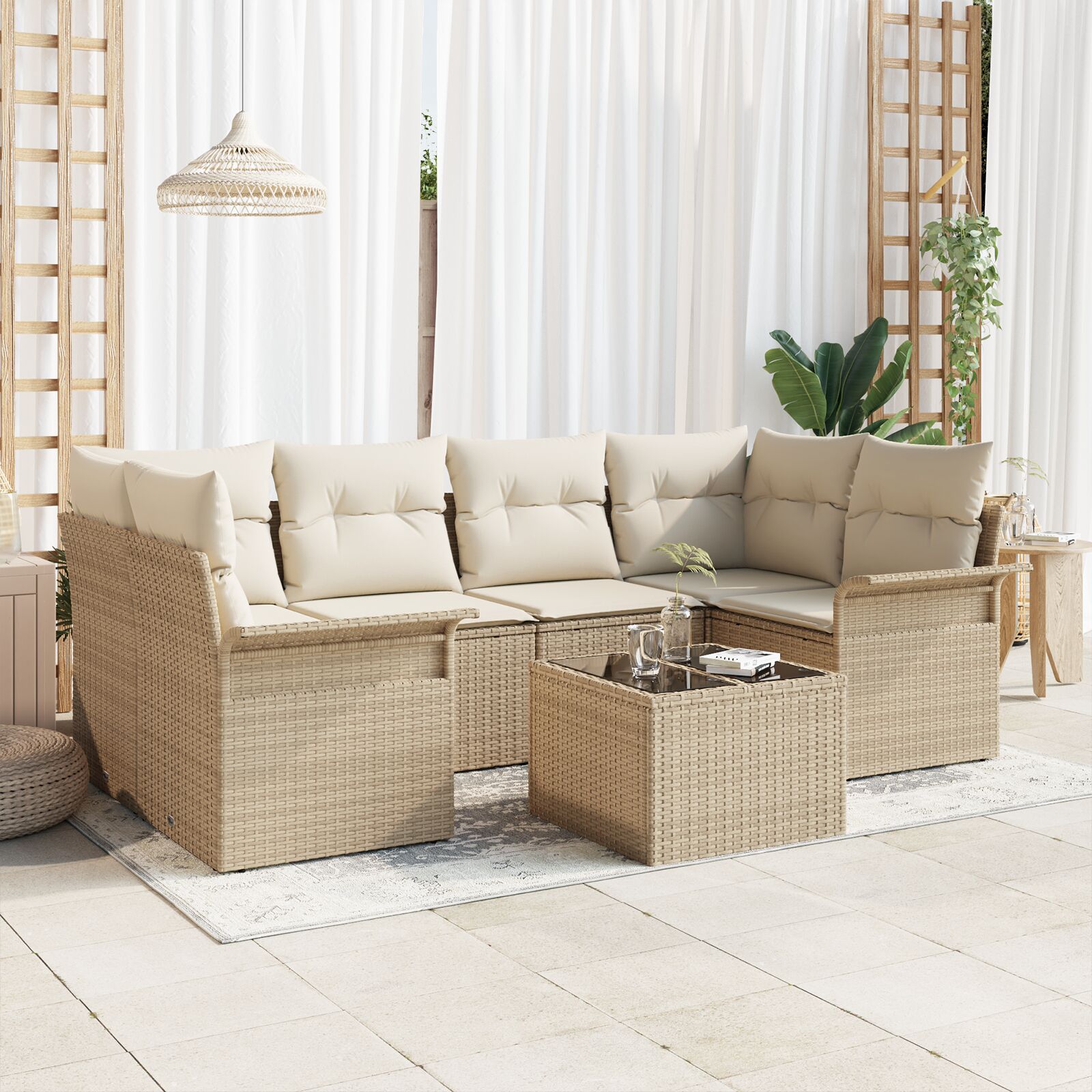 7-teiliges Garten-Sofa-Set mit Kissen Beige Poly Rattan