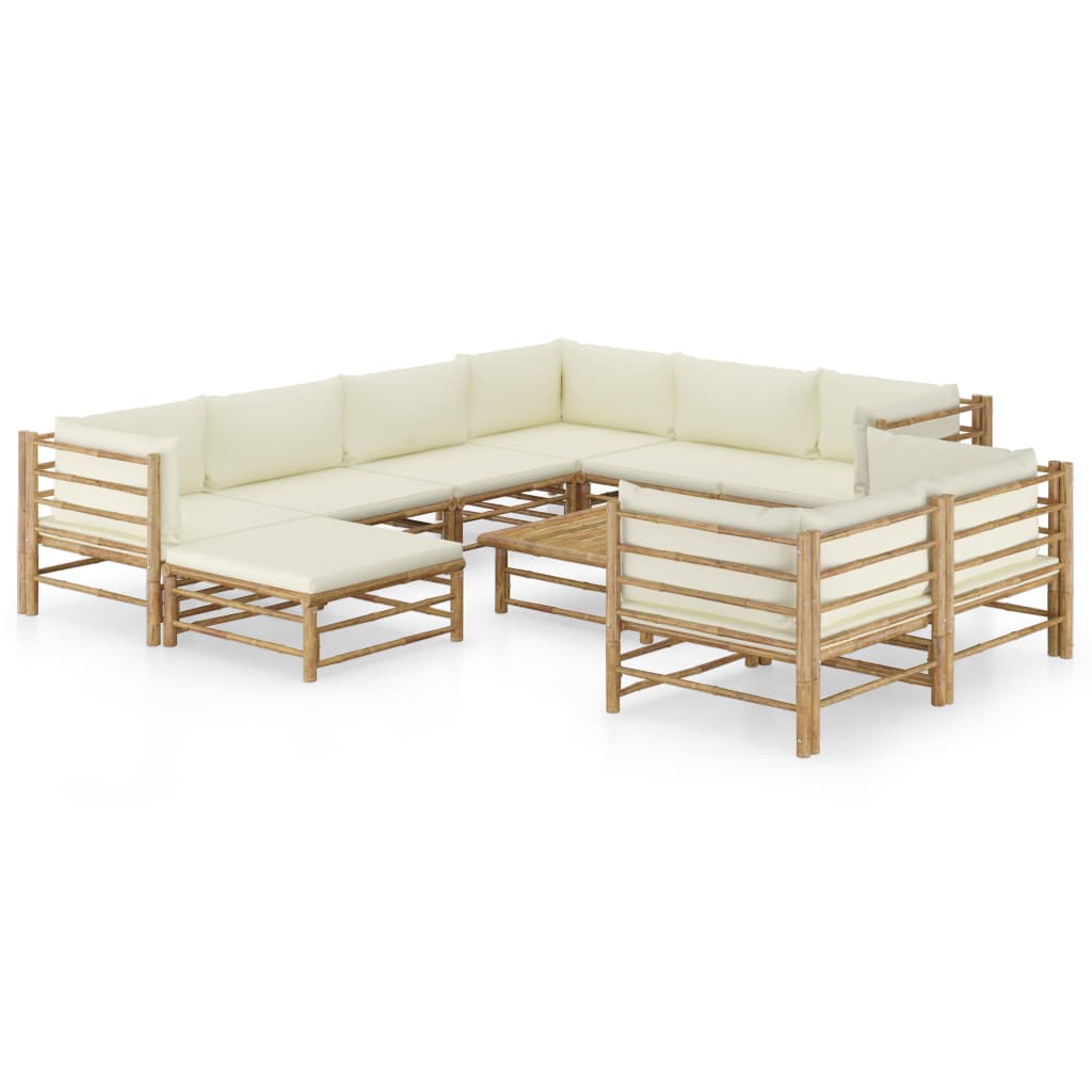 10-tlg. Garten-Lounge-Set mit Cremeweißen Kissen Bambus 10-tlg. Garten-Lounge-Set mit Cremeweißen Kissen Bambus