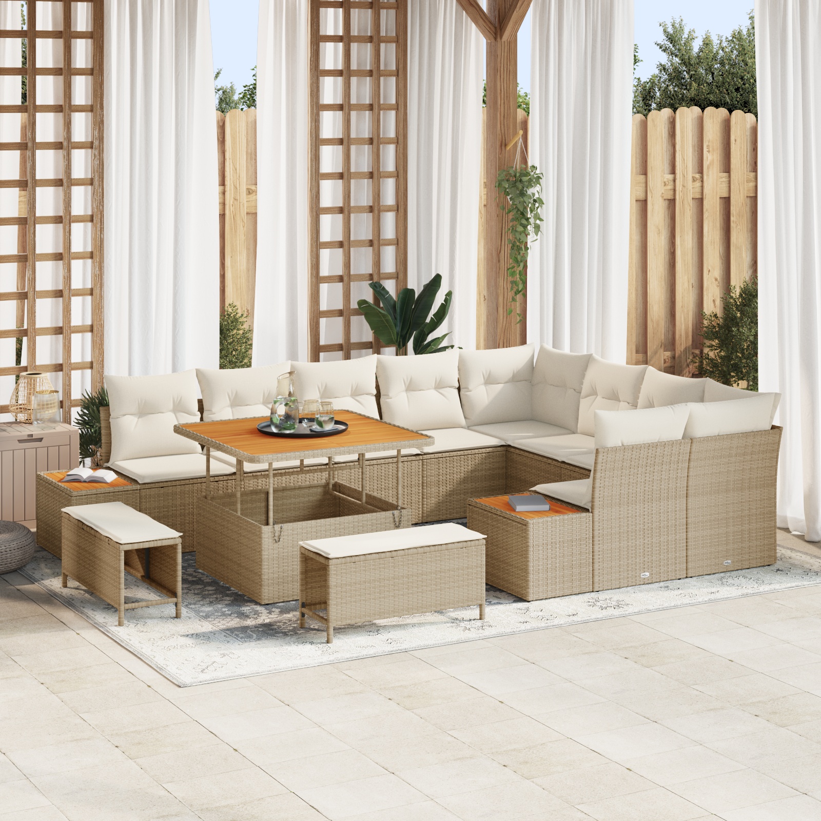 12-teiliges Garten-Sofa-Set mit Kissen Beige Poly-Rattan Akazie 12-teiliges Garten-Sofa-Set mit Kissen Beige Poly-Rattan Akazie