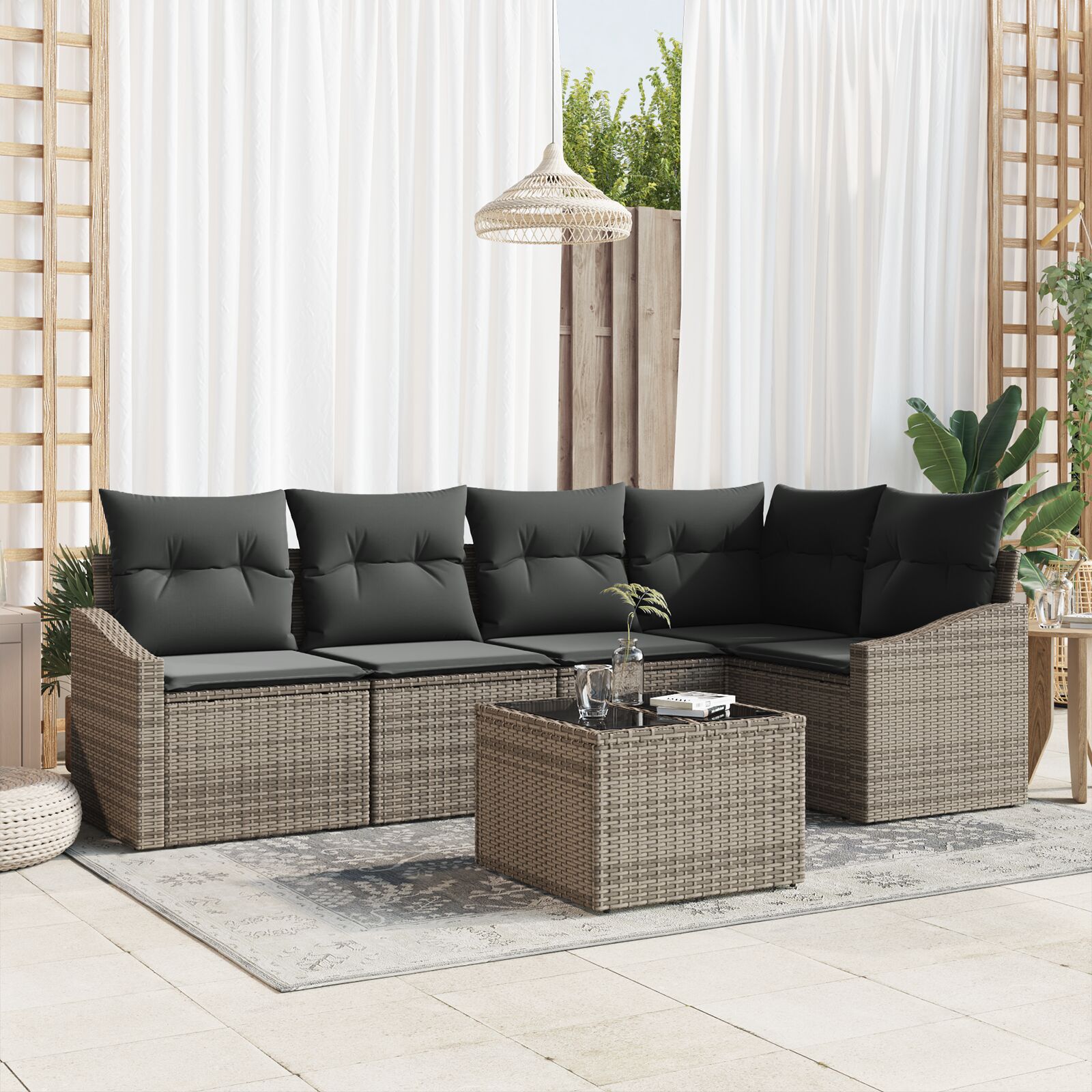 5-teiliges Garten-Sofa-Set mit Kissen – Schwarzes Poly-Rattan 5-teiliges Garten-Sofa-Set mit Kissen – Schwarzes Poly-Rattan