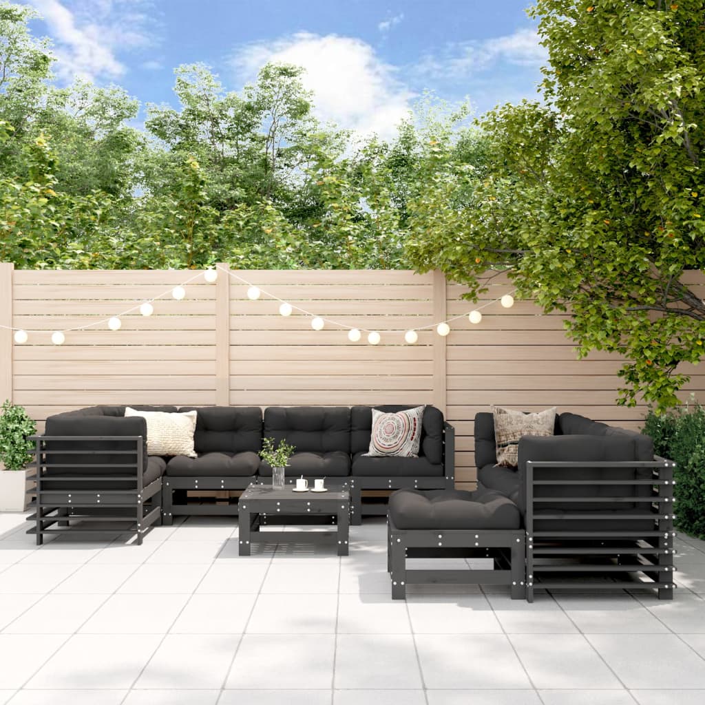 10-tlg. Garten-Lounge-Set mit Kissen Grau Massivholz 10-tlg. Garten-Lounge-Set mit Kissen Grau Massivholz