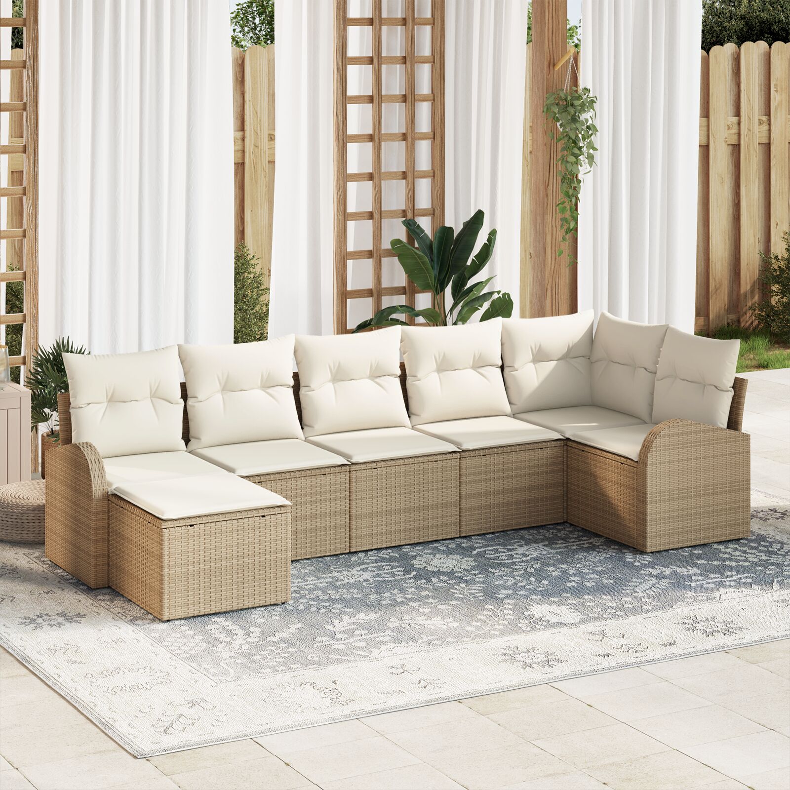 7-teiliges Garten-Sofa-Set mit Kissen Beige Poly-Rattan 7-teiliges Garten-Sofa-Set mit Kissen Beige Poly-Rattan