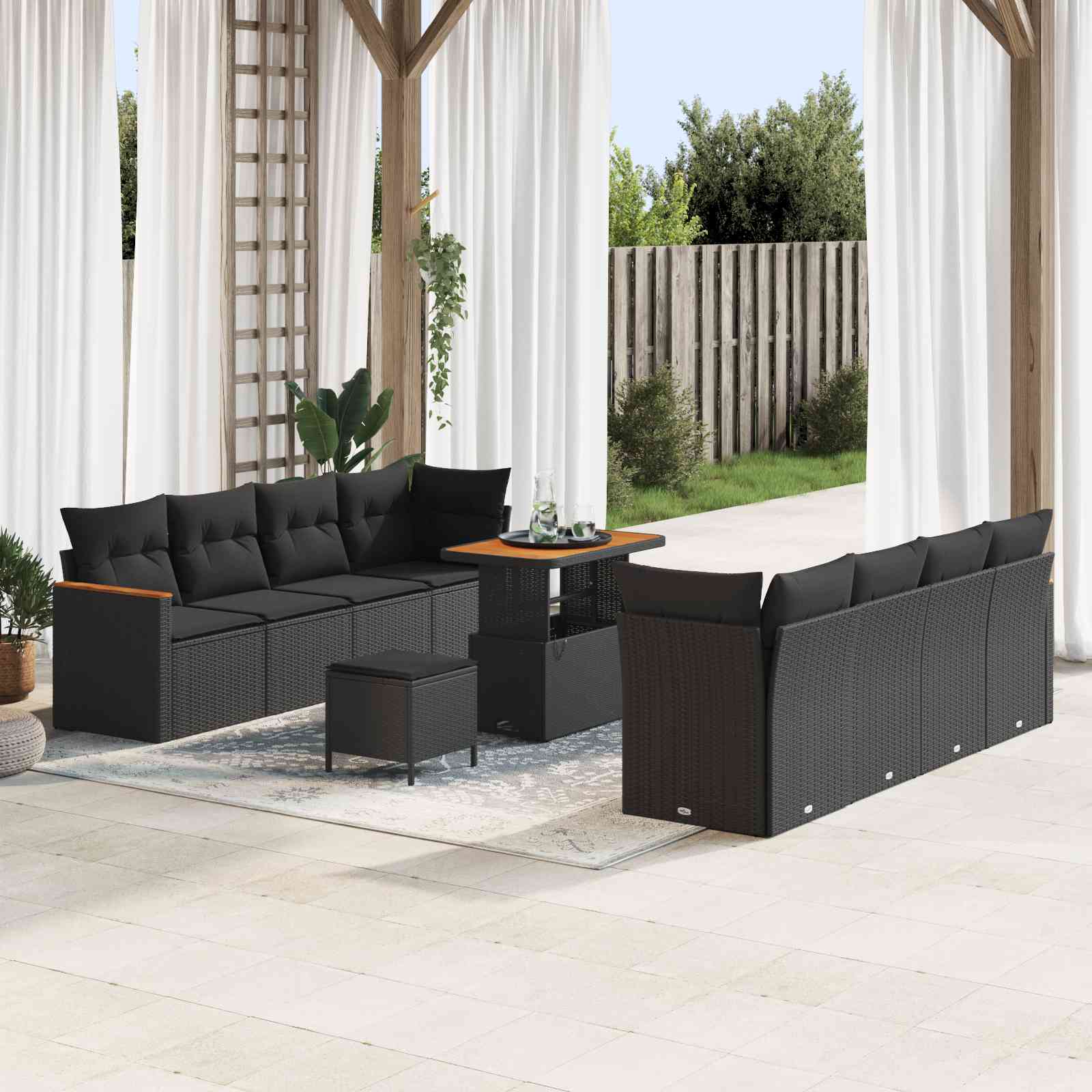 11-teiliges Garten-Sofa-Set mit Kissen Schwarz Poly Rattan Akazie