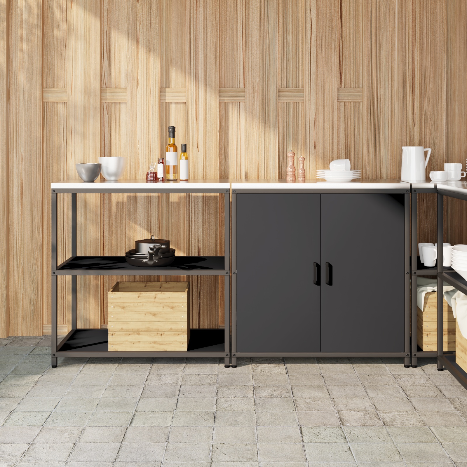 Küchenlager-Set mit Regal mit Speicher mit Tür Verstellbar 2 pcs Schwarz 150 x 50 x 92 cm