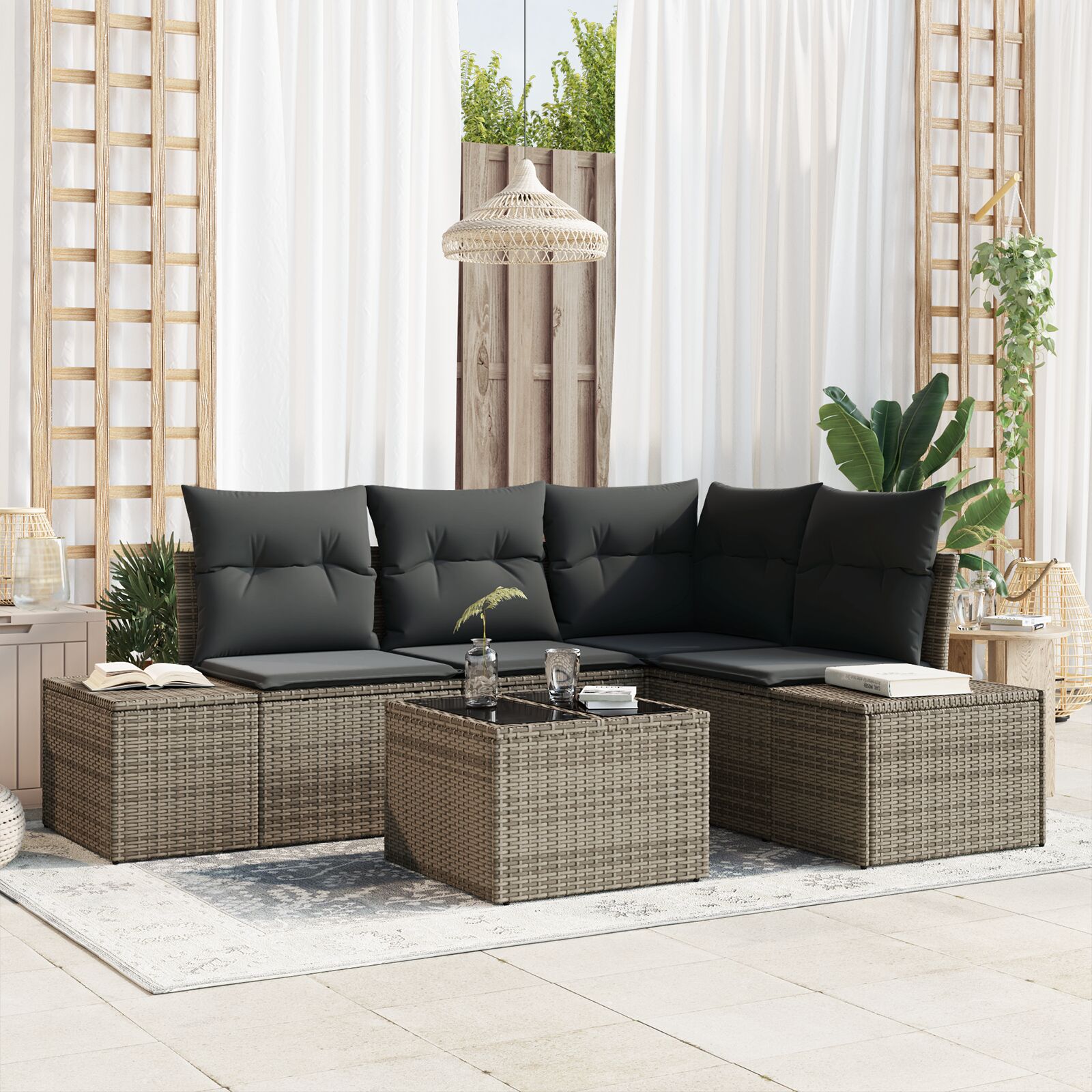4-teiliges Garten Sofa Set mit Kissen Grau Poly Rattan