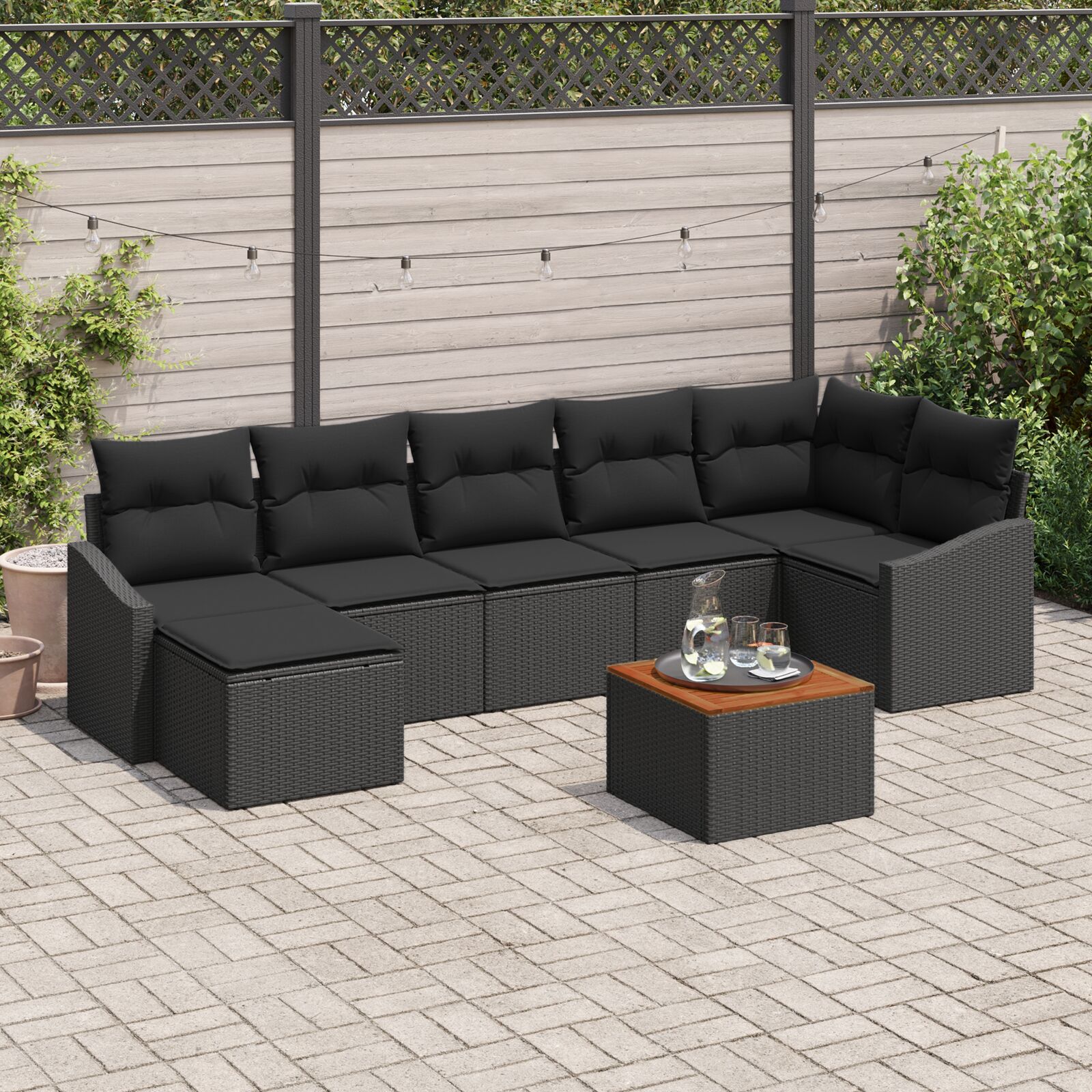 8-teiliges Garten-Sofa-Set mit Kissen Schwarz Poly-Rattan Akazie
