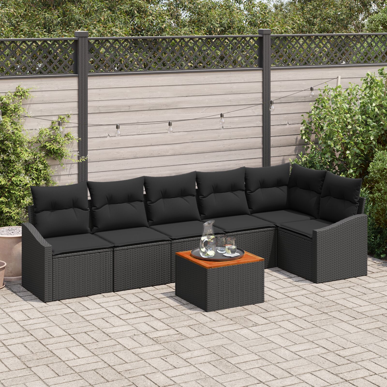 7-teiliges Garten-Sofa-Set mit Kissen Schwarz Poly-Rattan Akazie