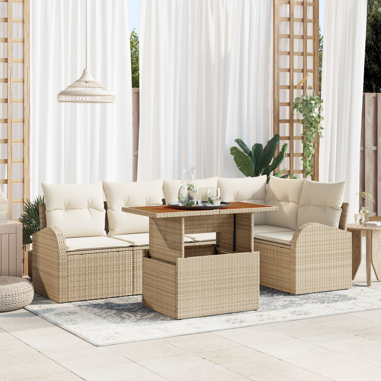 6-teiliges Garten Essset mit Kissen Beige Poly Rattan Akazie 6-teiliges Garten Essset mit Kissen Beige Poly Rattan Akazie