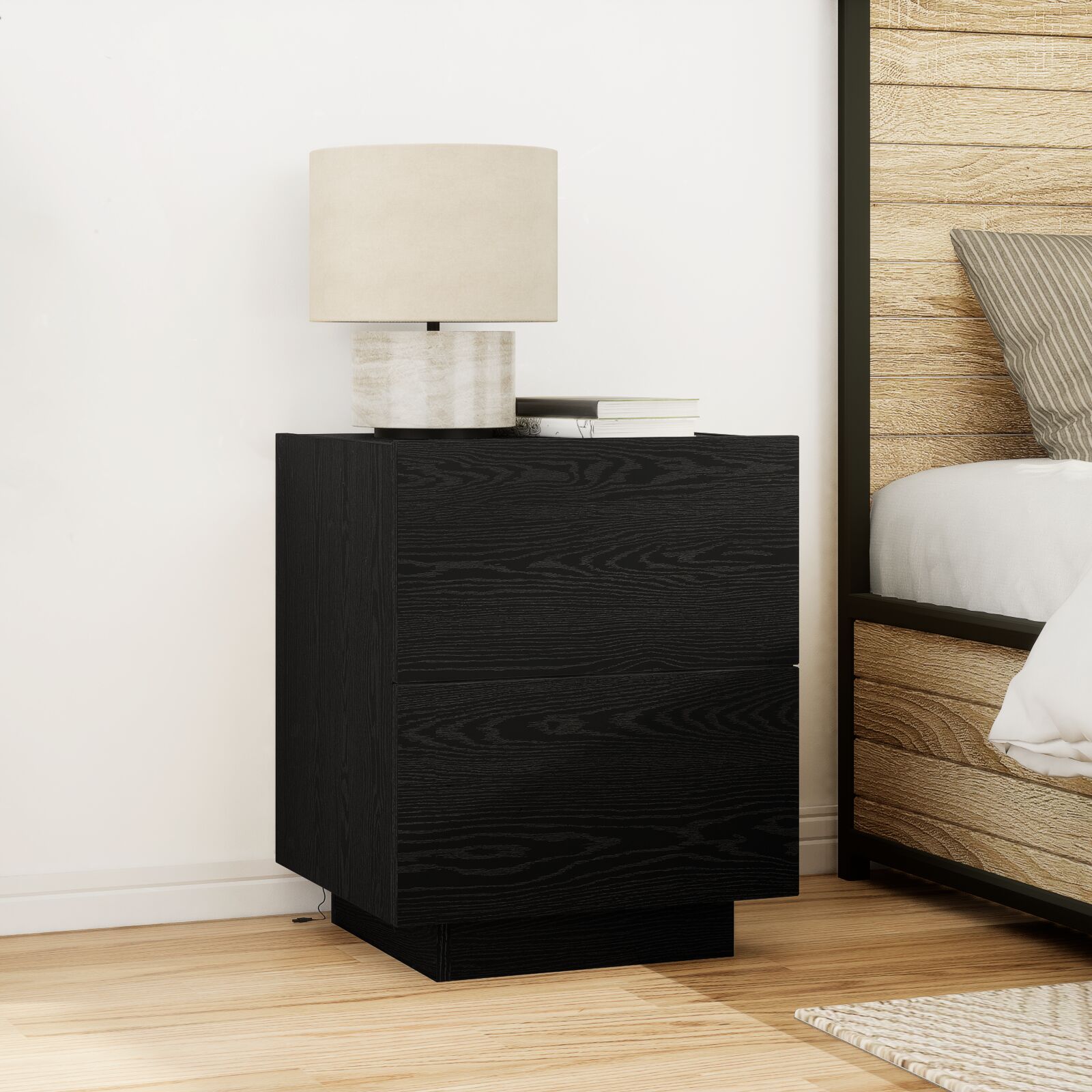vidaXL Nachttische mit LED-Lichtern 2 Stück Schwarz Eiche 45x40x55 cm