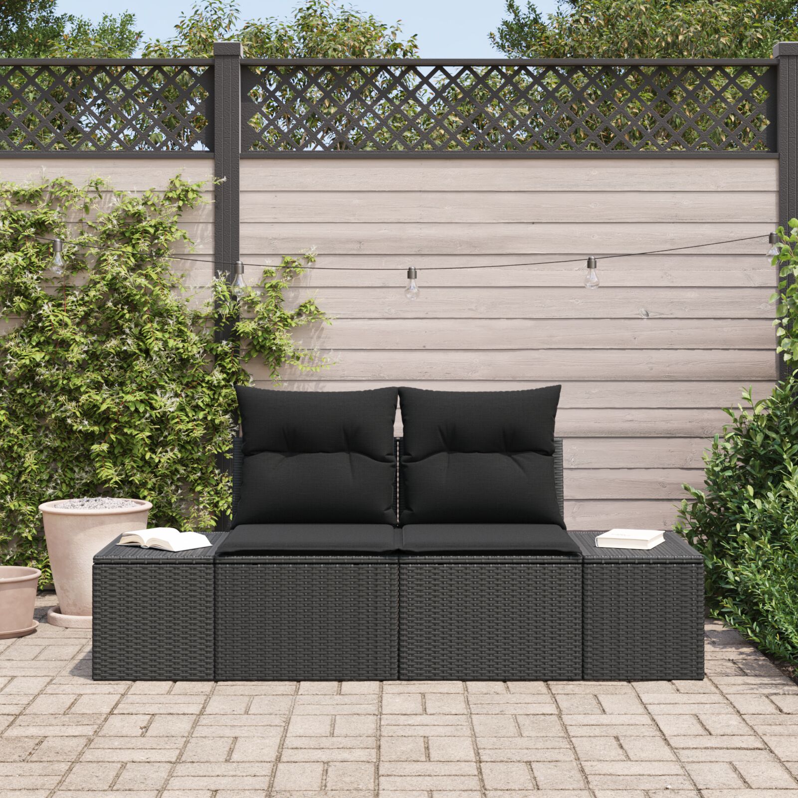 2-Sitzer Garten Sofa mit Stauraum & Kissen Schwarz Poly Rattan 2-Sitzer Garten Sofa mit Stauraum & Kissen Schwarz Poly Rattan