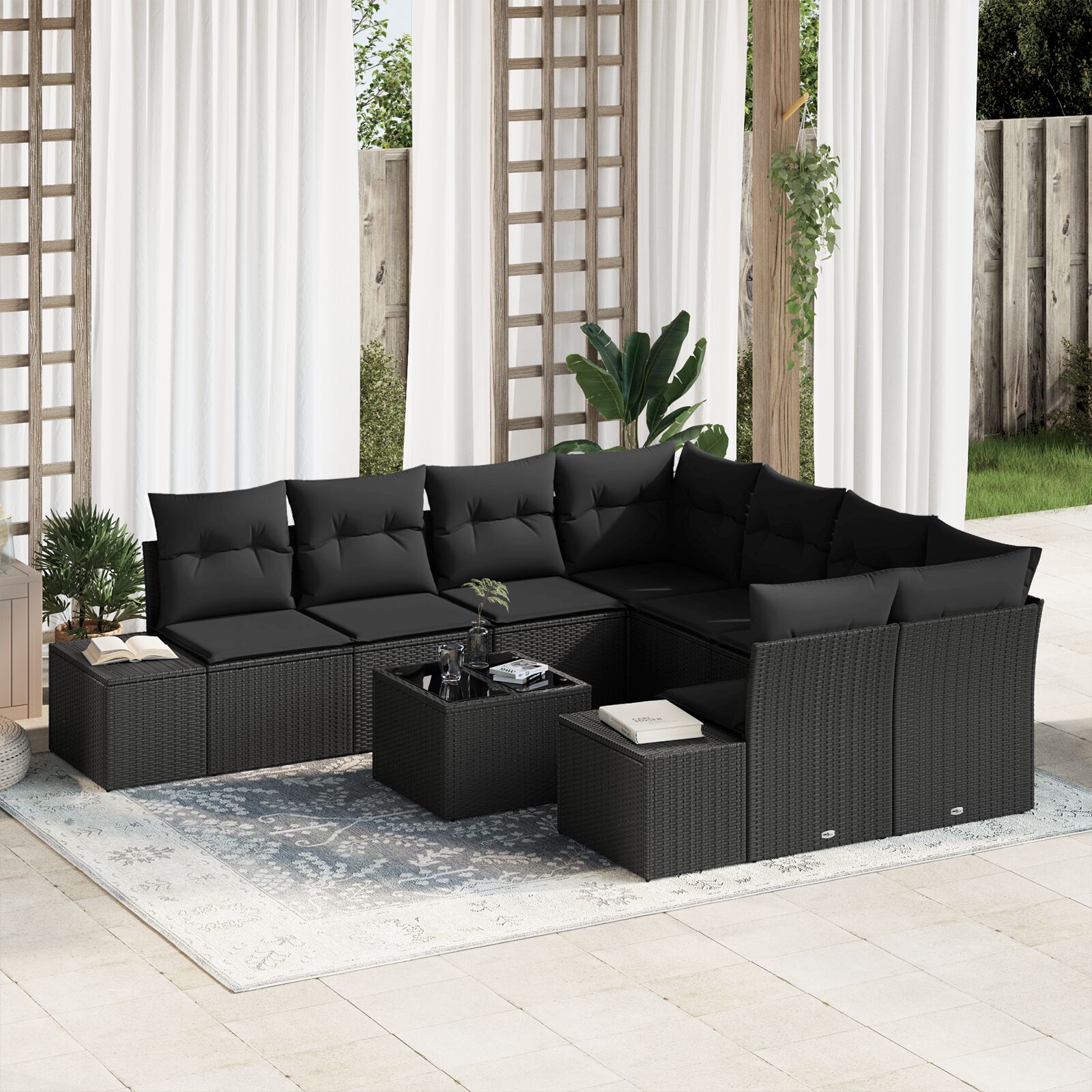 Garten-Sofa Set Set aus 9 Teilen Schwarz