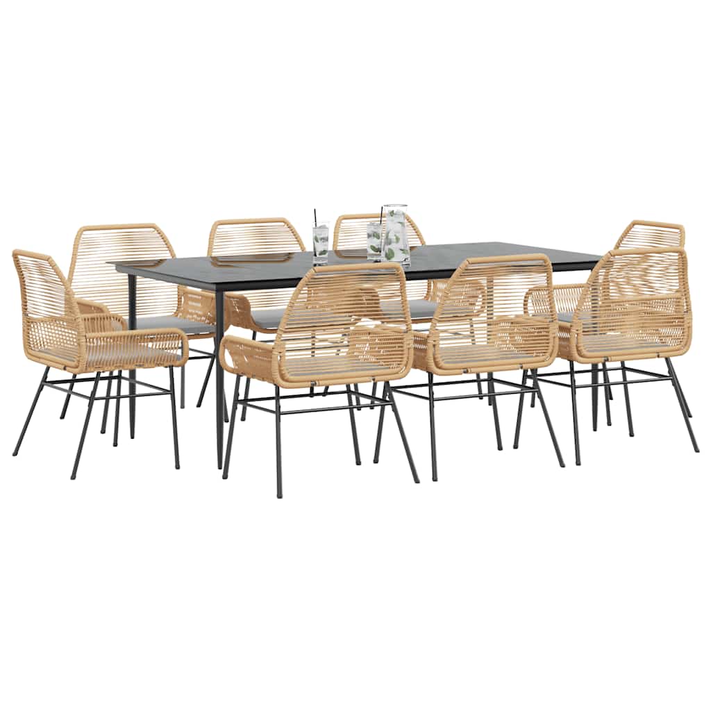 vidaXL 9-tlg. Garten-Essgruppe mit Kissen Braun Poly Rattan Glas