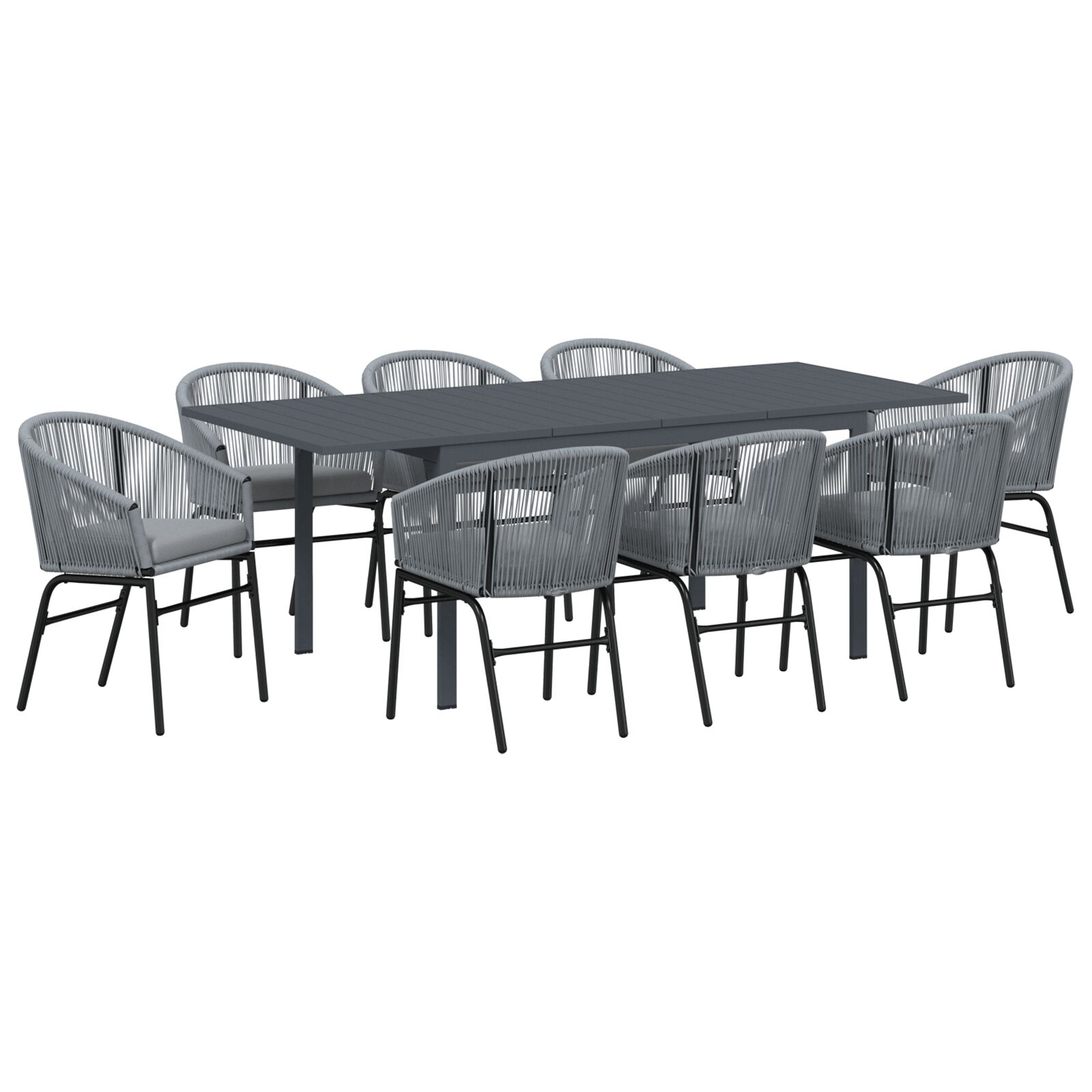 10-teiliges Garten-Esstisch-Set mit Kissen, graues Poly-Rattan, Ausziehbarer Gartentisch Anthrazit (140-210)x90x73 cm Stahl