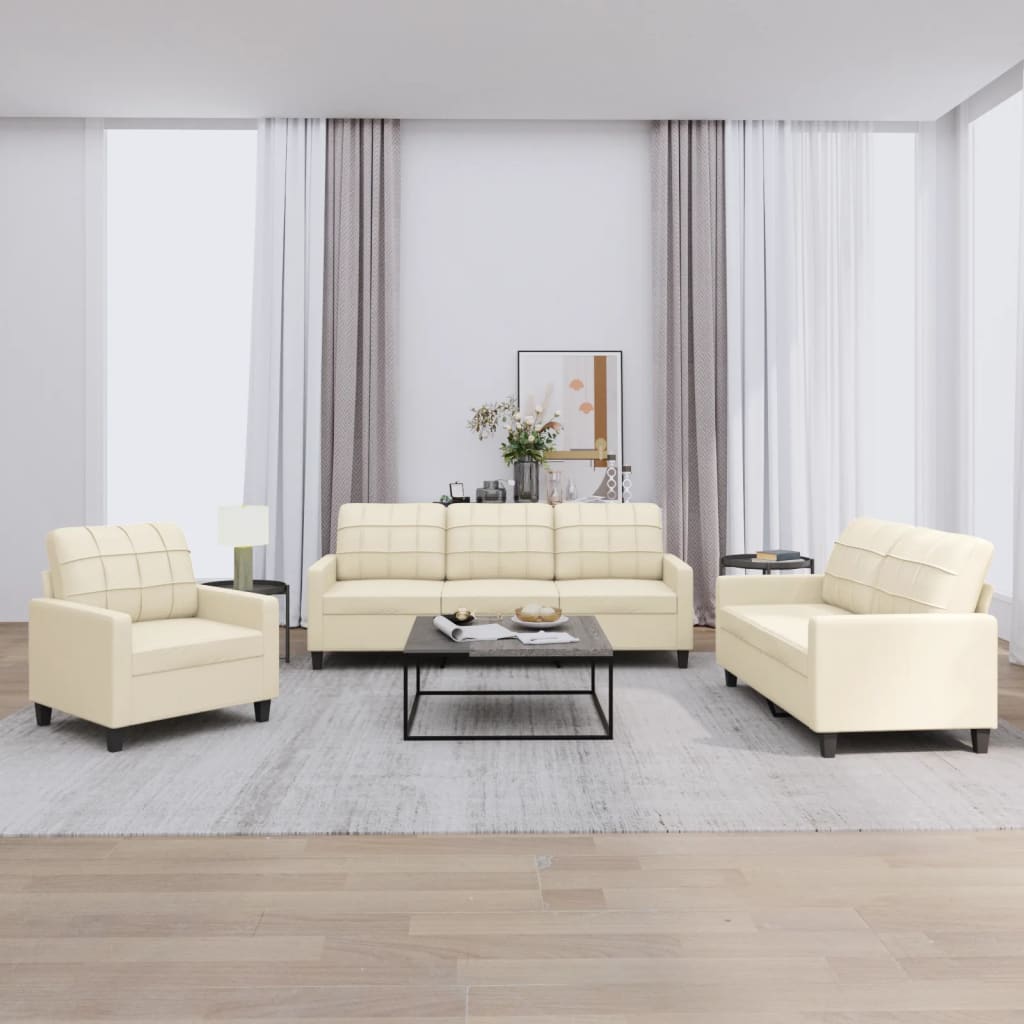 3-tlg. Sofagarnitur mit Kissen Creme Kunstleder 3-tlg. Sofagarnitur mit Kissen Creme Kunstleder