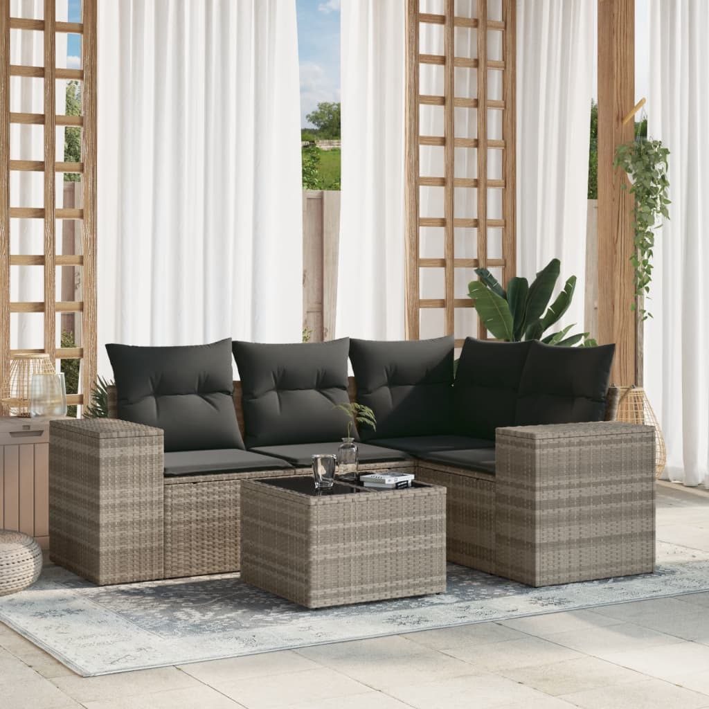 5-tlg. Garten-Sofagarnitur mit Kissen Hellgrau Poly Rattan 5-tlg. Garten-Sofagarnitur mit Kissen Hellgrau Poly Rattan