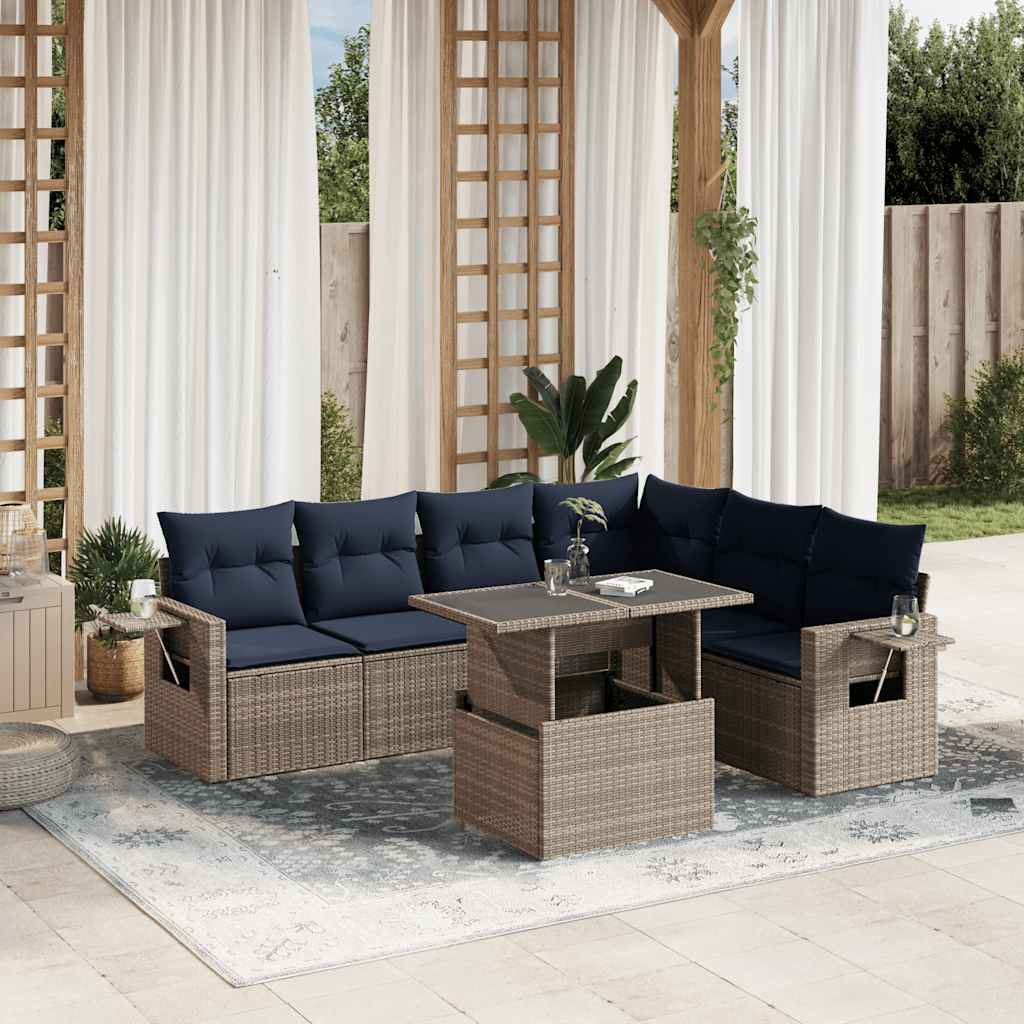 7-teiliges Gartensofa-Set mit Kissen, grau, Polyrattan 7-teiliges Gartensofa-Set mit Kissen, grau, Polyrattan