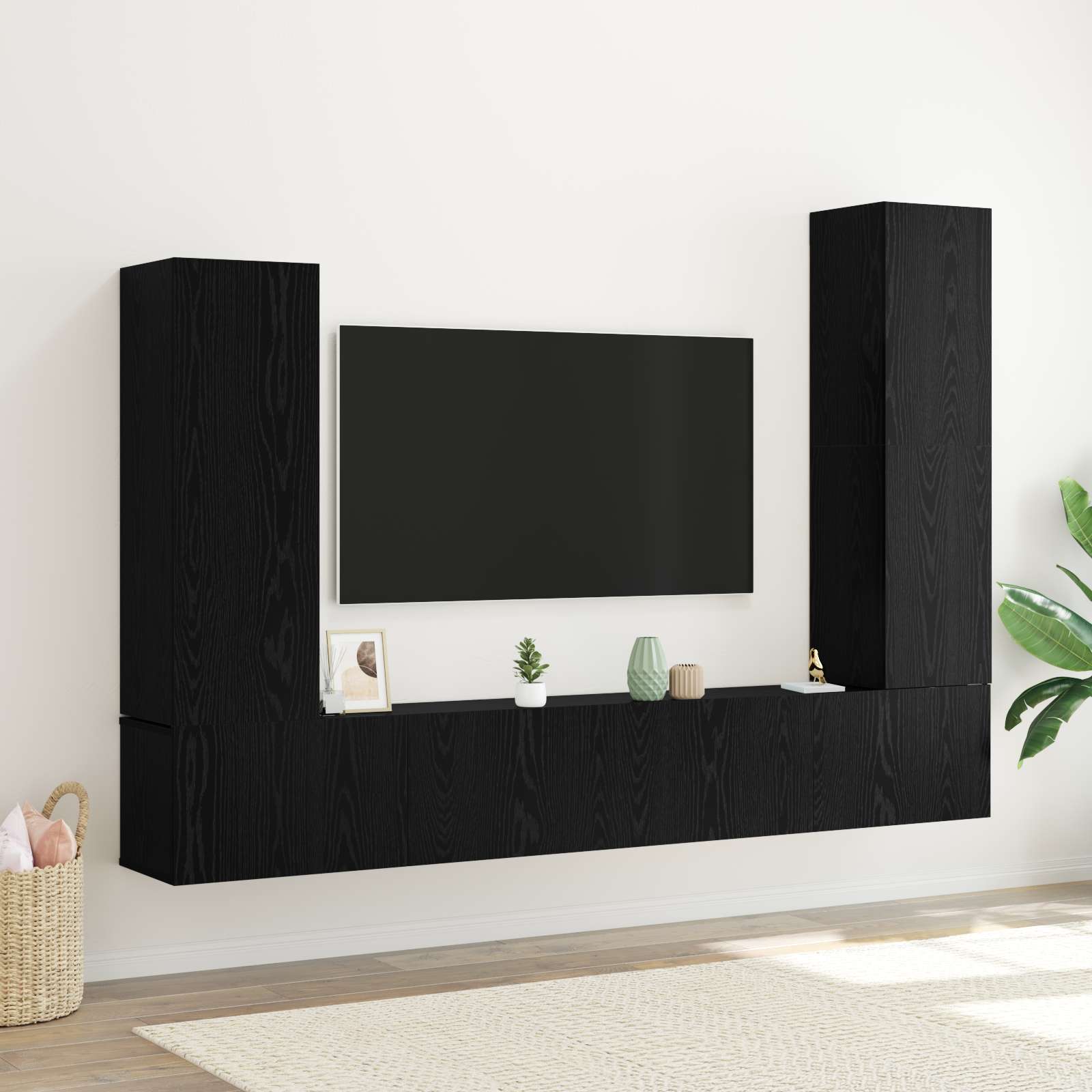4-teiliges TV-Schrank Set Wandmontiert Schwarze Eiche Engineered Wood Produktmanagementsystem