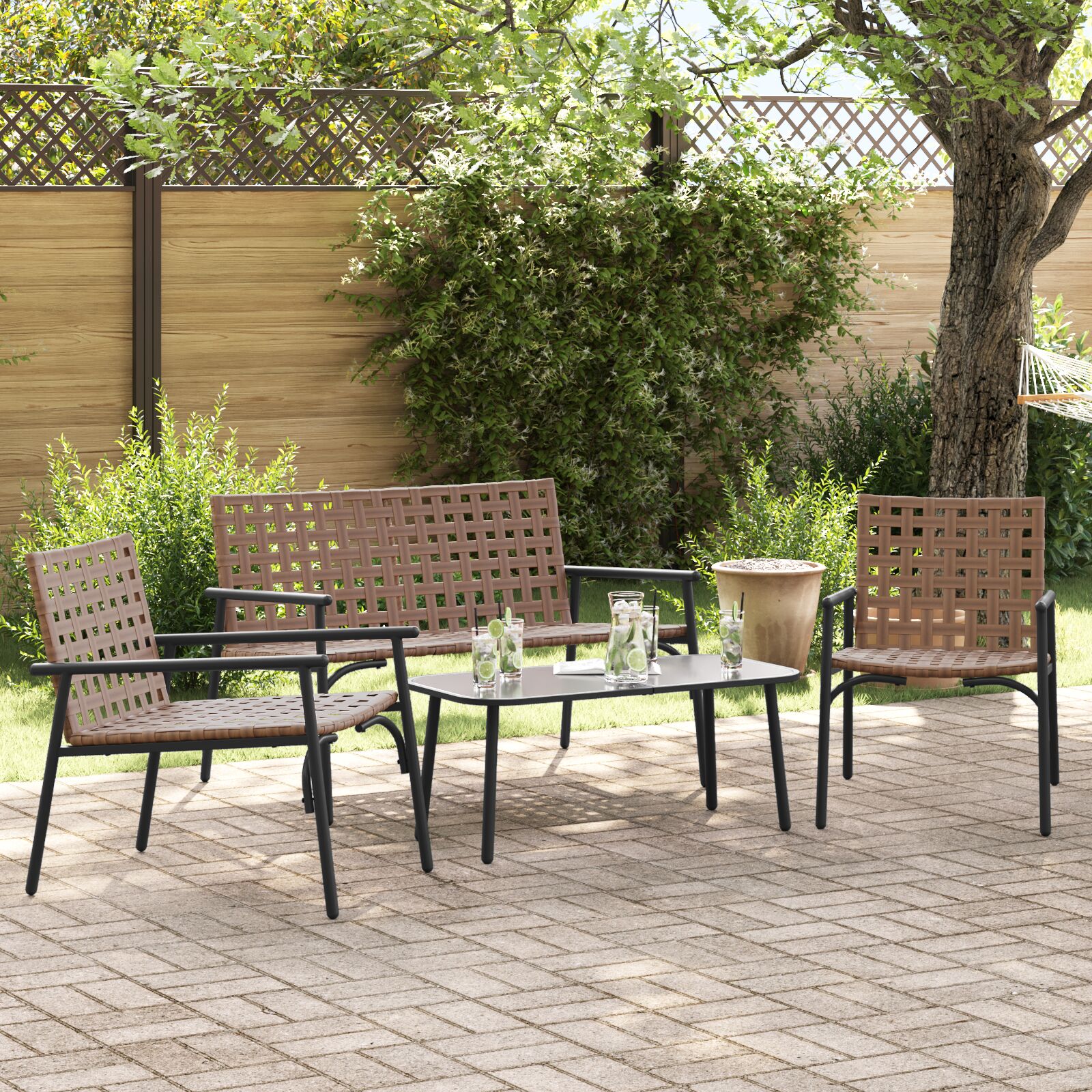 4-teiliges Outdoor-Coffee-Set aus braunem Rattan und Stahl