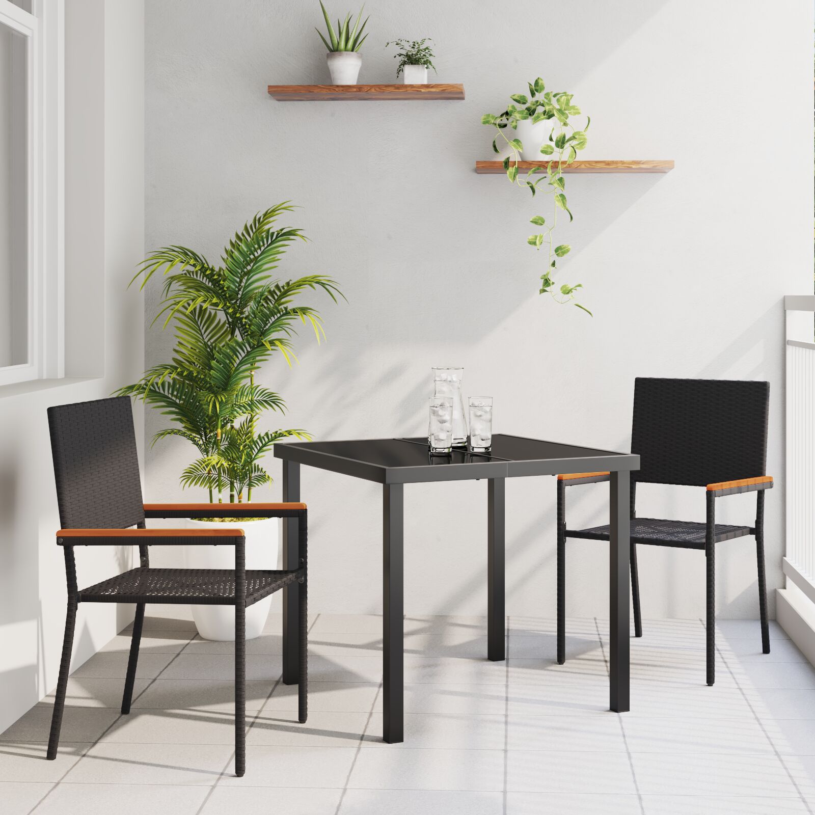 3-teiliges Garten Essset Schwarz Poly Rattan