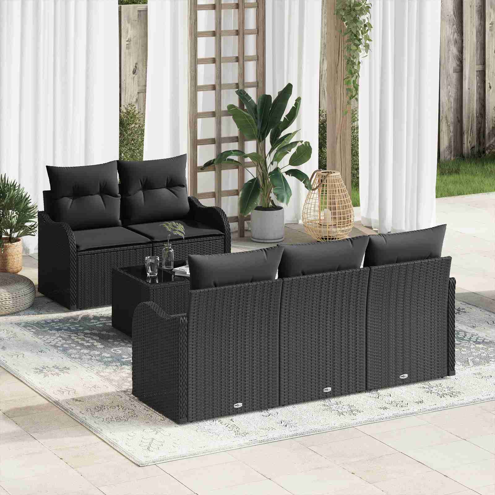 6-teiliges Gartensofa-Set mit Kissen Schwarz Poly Rattan